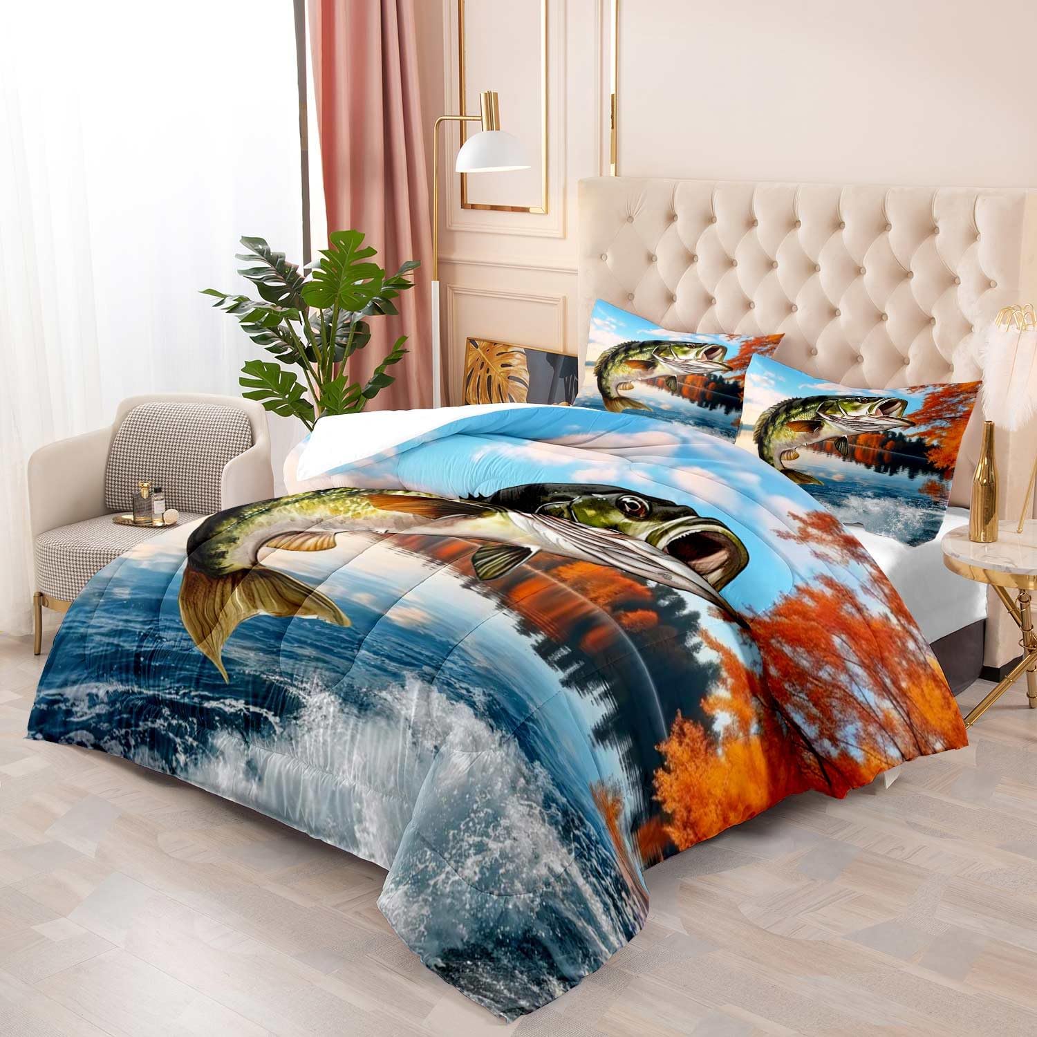 LUVIVIHOME 3PCS Fishing Comforter Set Queen Size, Bass Fish Bedding for Kids Teens Boys, Lake Forest Wildlife Animal Country Rustic Farmhouse Hunting Bedroom Decor, Microfiber Quilt, 2 Pillow Shams