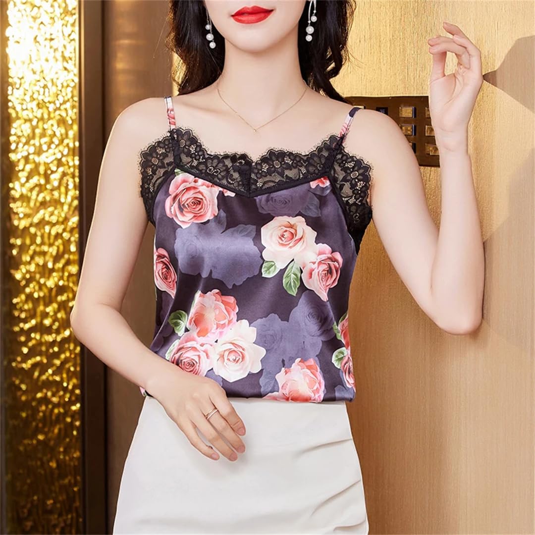 Canotta estiva da donna con stampa floreale in pizzo patchwork senza maniche