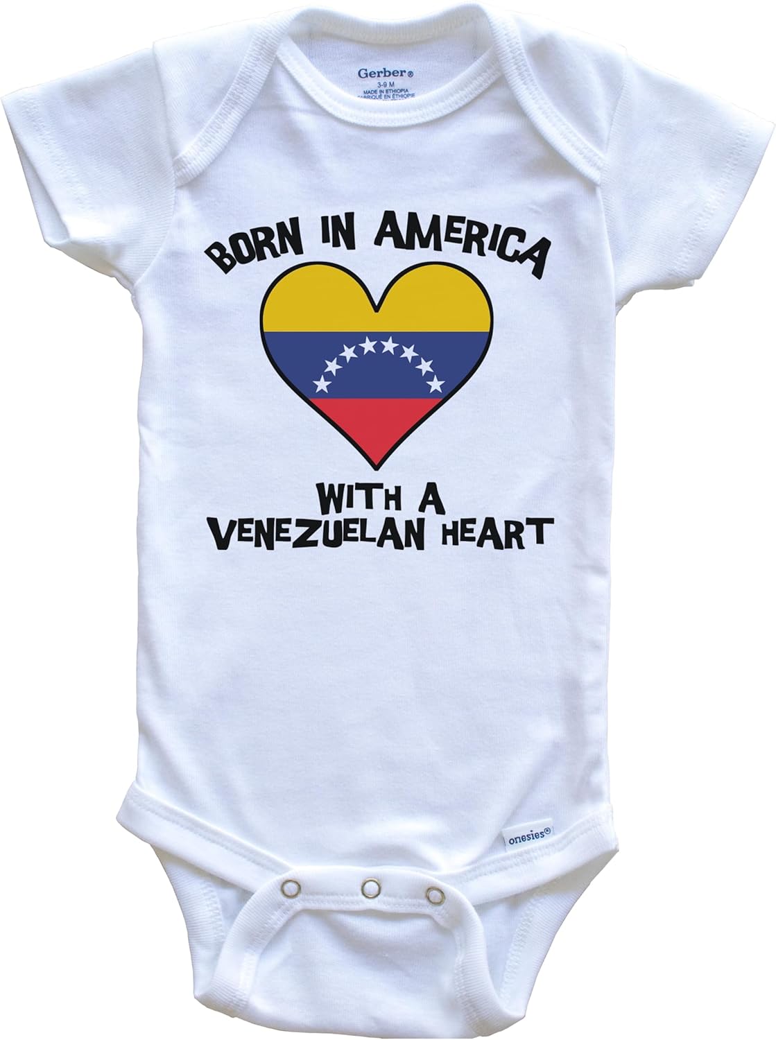 Born in America with A Venezuelan Heart One Piece Baby Bodysuit Venezuela Flag Baby Bodysuit