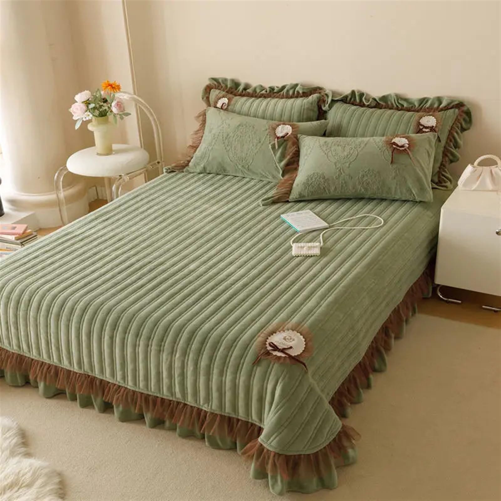 Juego de Falda de Cama Acolchada, colchas cálidas, Fundas de colchón de Invierno, Protector elástico, colchones, Fundas de Almohada, 3 uds.(Purple,270x270cm)