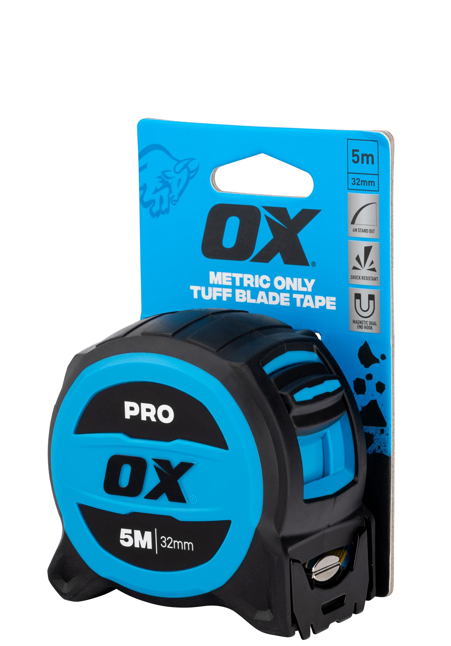 OX Pro - Cinta métrica métrica de 5 m, hoja de nailon resistente con revestimiento de 32 mm de ancho, gancho doble magnético, 4 m destacado y alcance de 4,5 m