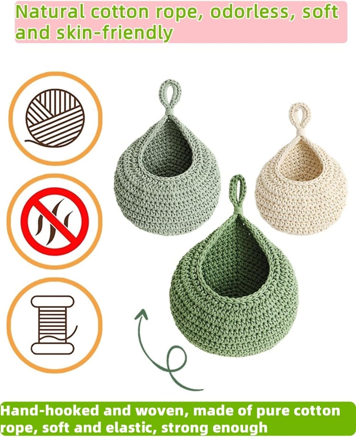 3 Pcs Boho hand-woven hanging linen basket,drop molding design,cotton rope storage baskets for living room,kitchen,wall-mounted fruit,vegetable potted plants organizer (3 sizes)