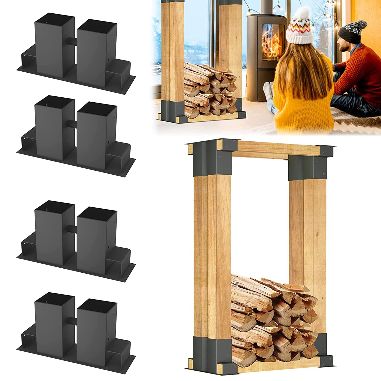 XMTECH Verzinkt Holzstapelhilfe, Stabile Holzstapelhalter für Kaminholz Brennholz Stapelhilfe Feuerholz, Schwarz (8 Stück)