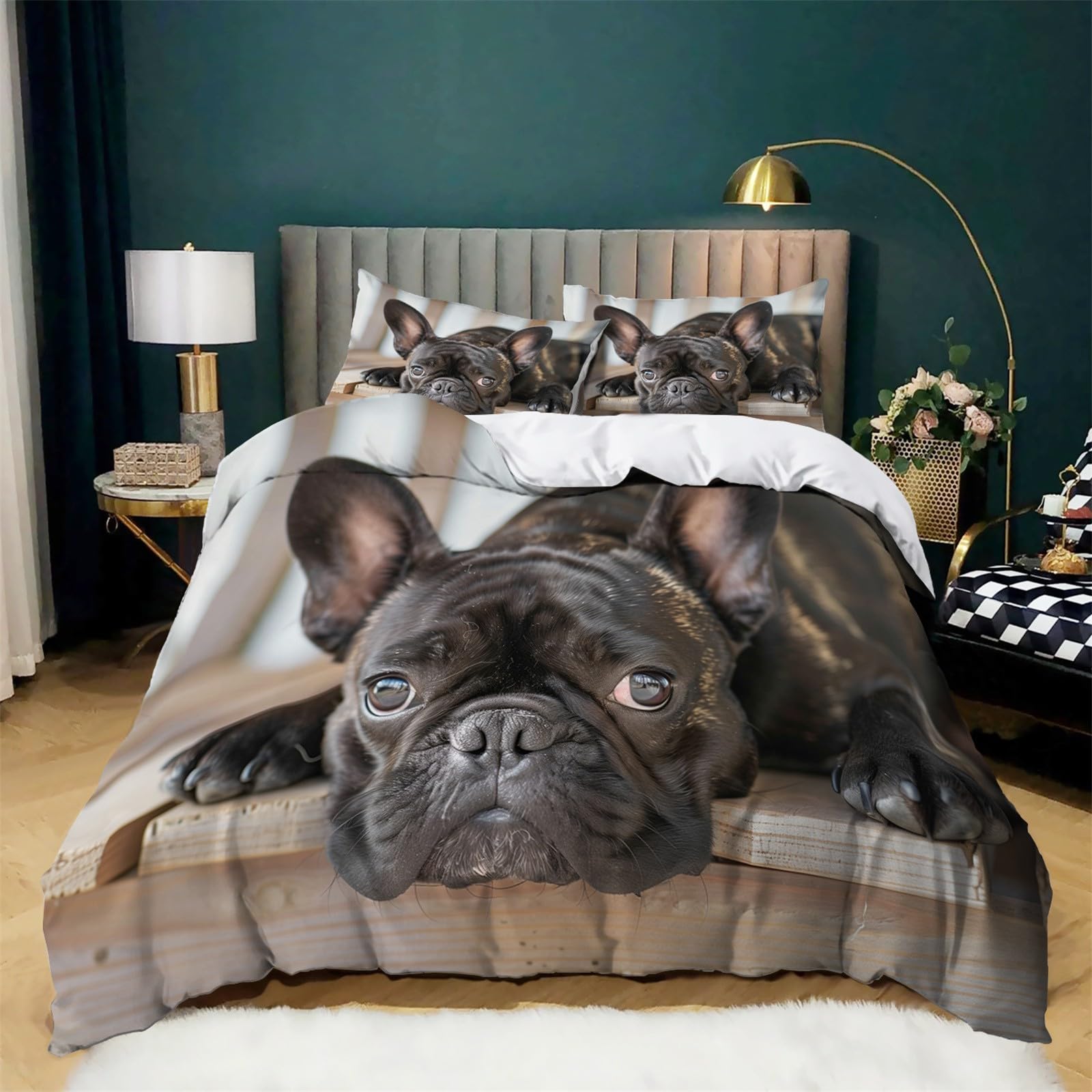Duvet Cover Set Single Size for Girl Kids Bed Cover Adults Bedroom, 3D Bedding Duvet Cover Black French Bulldog Themed Bedspread, Soft Microfiber Bedding Set