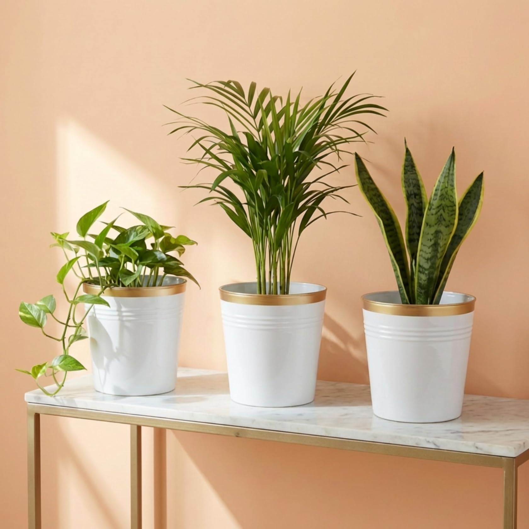 ecofynd 7 inches Shiny Metal Planters for Living Room, Flower Pots for Home Decoration, Tree Pots for Indoor Outdoor Garden, Balcony Decor Plant Pot (White, Pack of 3, EC19004-07)