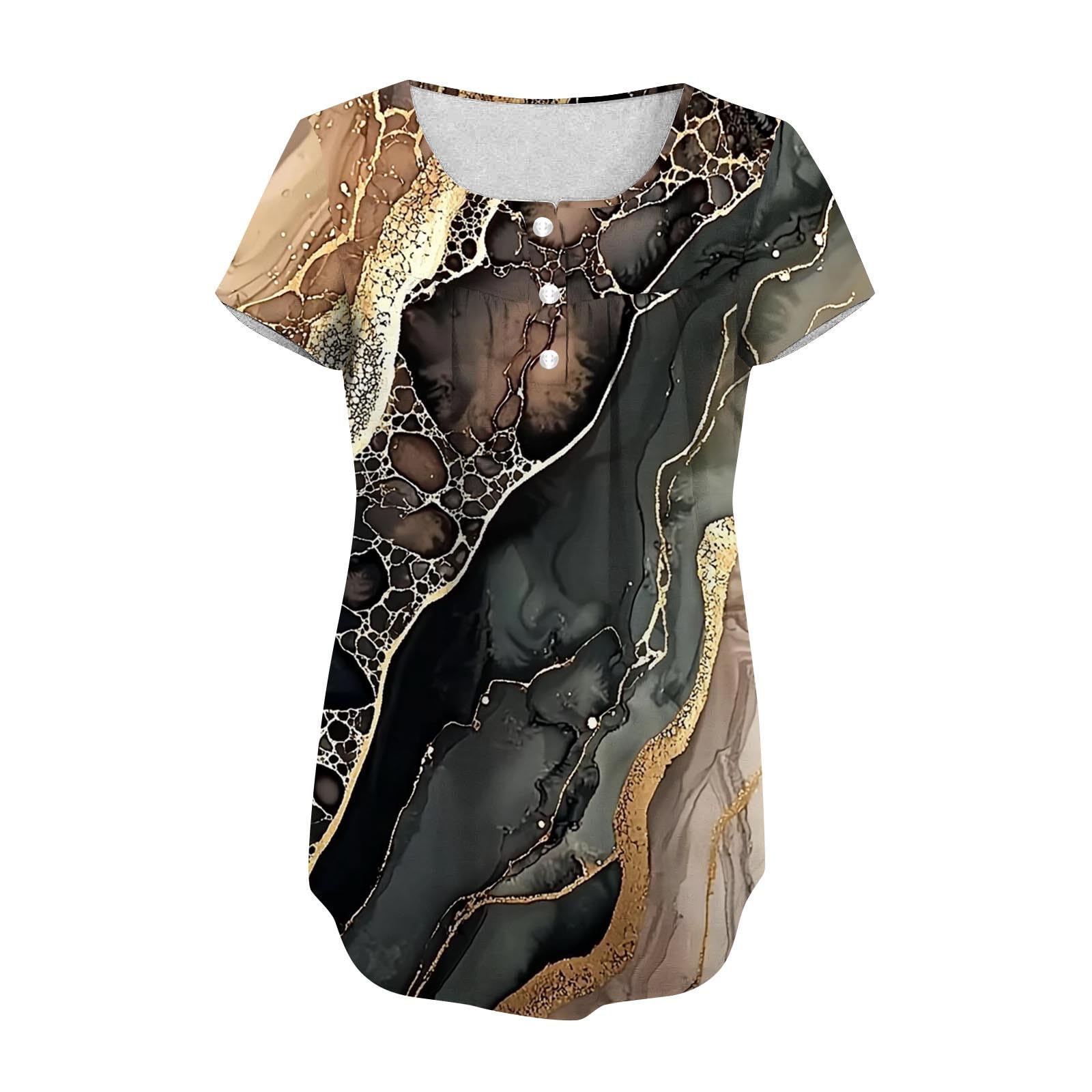 Damen Sommer Tunika Rundhals Basic Oberteile Lässig Elegant Tshirt Bunte Boho Bluse Top Casual Locker Kurzarm Shirt Leicht Bequem Sportshirt Blumen Drucke Sommershirts Vintage Longshirt