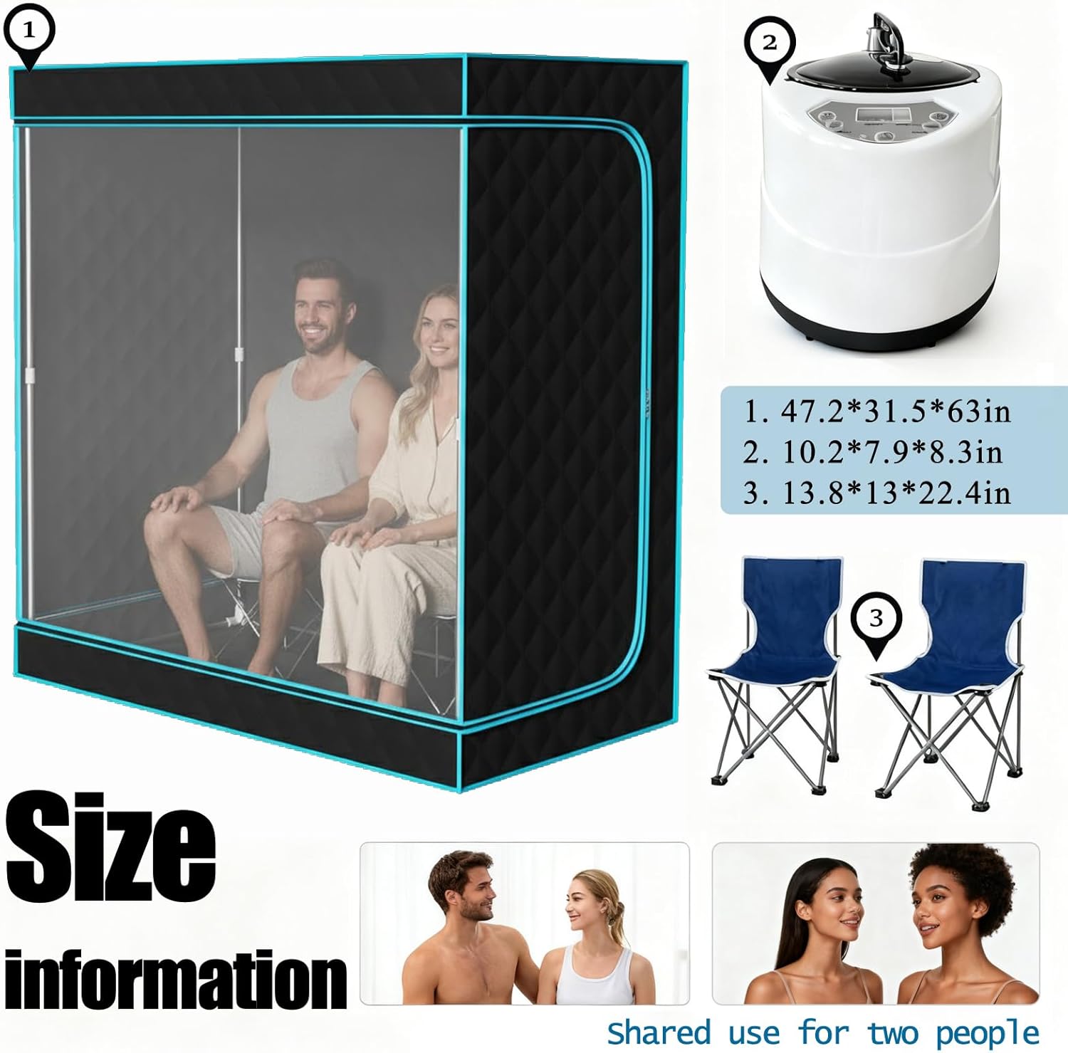 Sauna,2 Person Portable Steamer Sauna Set,Foldable Wet Sauna Tent Set with 2.5L 1500W Steamer,Full Size Home Sauna,with Folding Chair,Remote Control,Blue