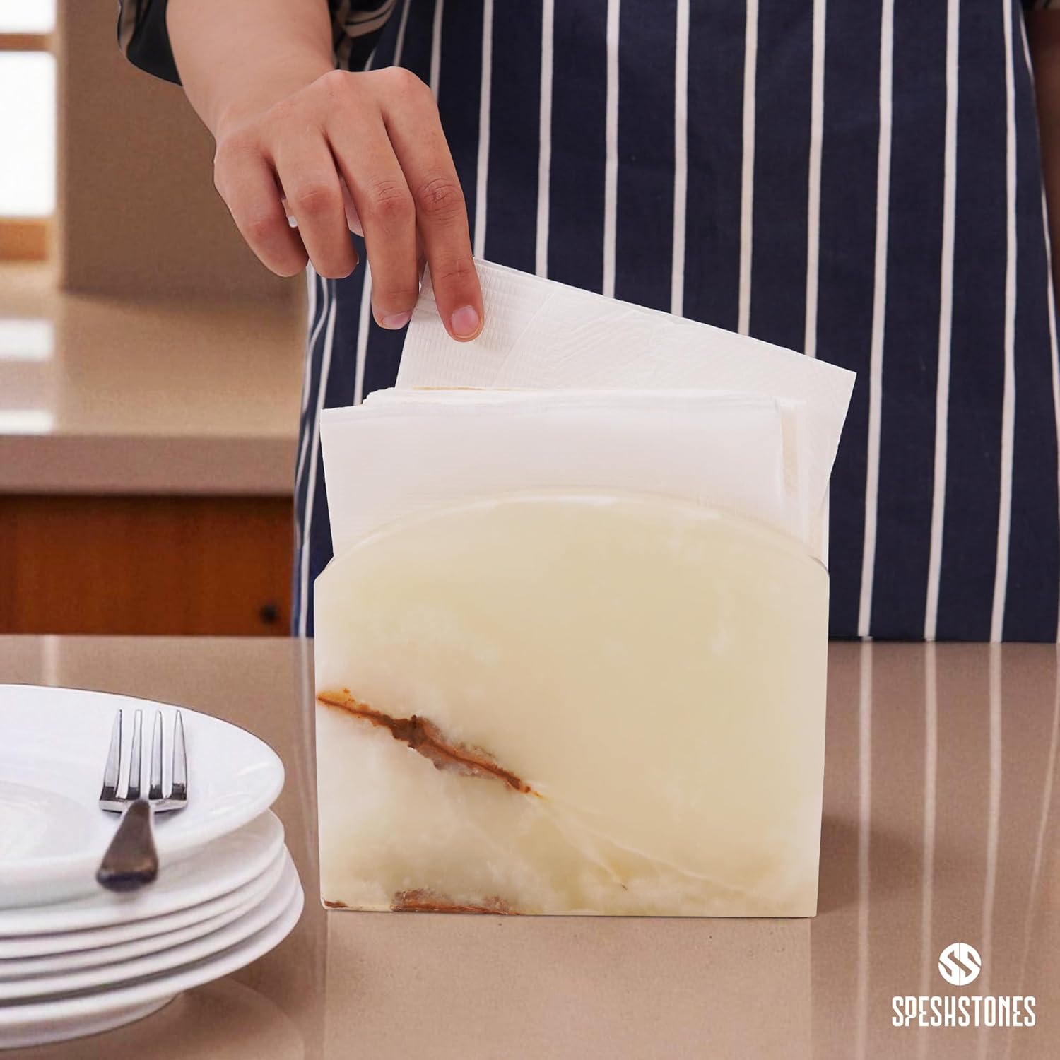 Marble Napkin Holder for Table 6.5 Inch Cream Onyx Stone Organizer for Cocktail Napkins & Tissue Paper – Decorative Napkin Holder for Bathroom, Kitchen Counter, Coffee Bar & Dining Table