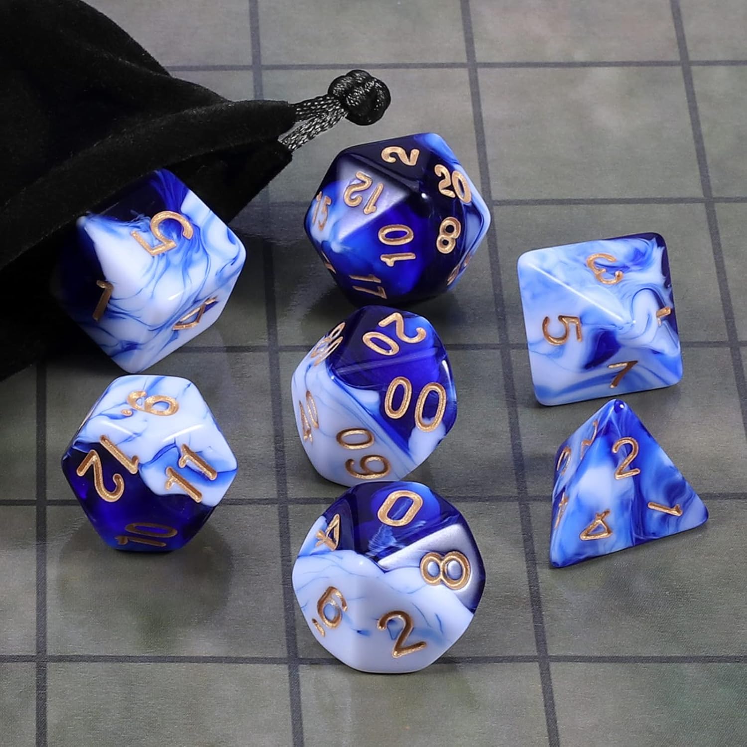 CiaraQ DND Polyhedral Dice Set with Dice Bag for Dungeons and Dragons RPG MTG Role Playing Table Games (Blue Mixed White)