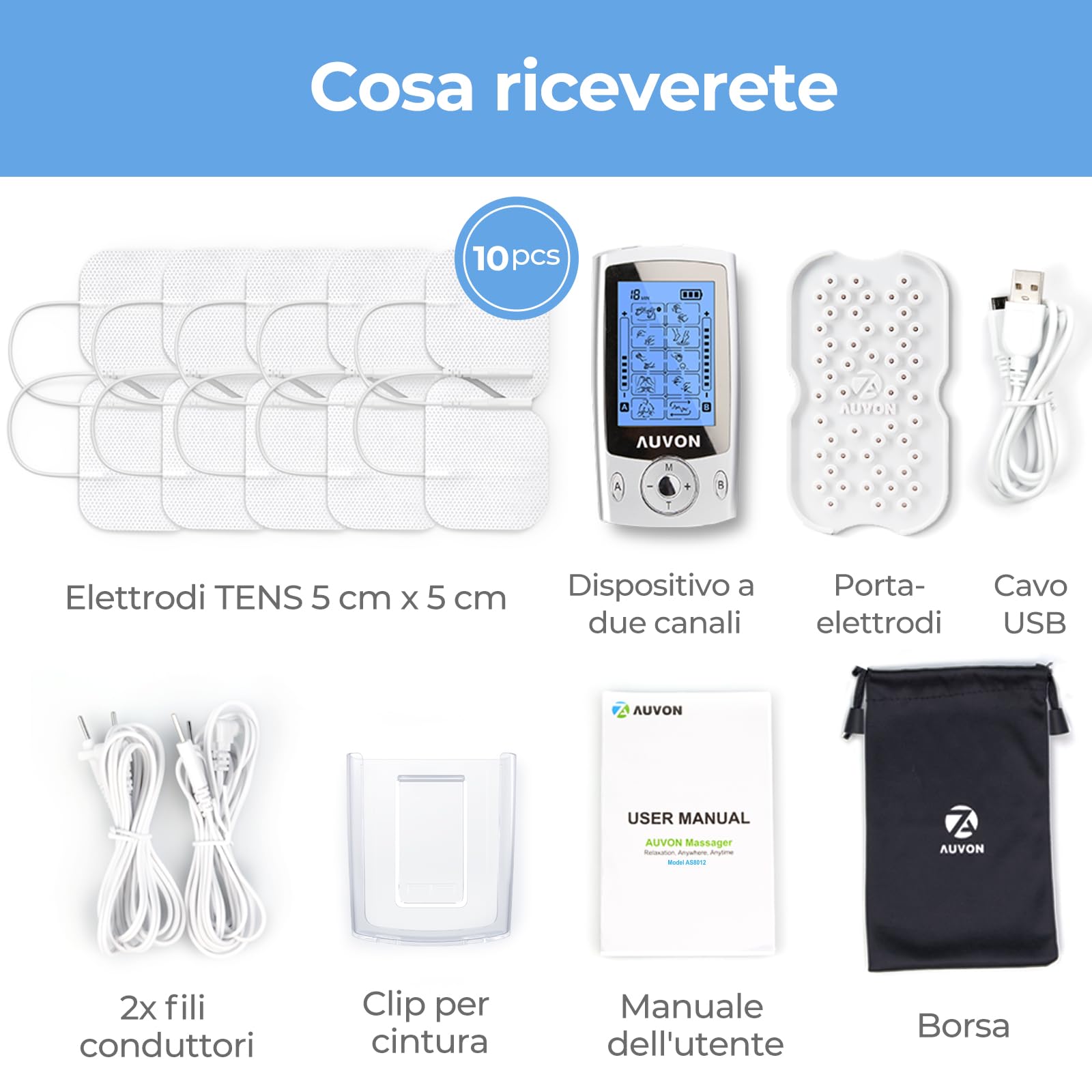AUVON Elettrostimolatore Muscolare, TENS Elettrostimolatore a Doppio Canale con 20 Modalità e 10 pezzi di Elettrodi TENS con Design Brevettato per Alleviare il Dolore a Schiena, Collo e Spalle