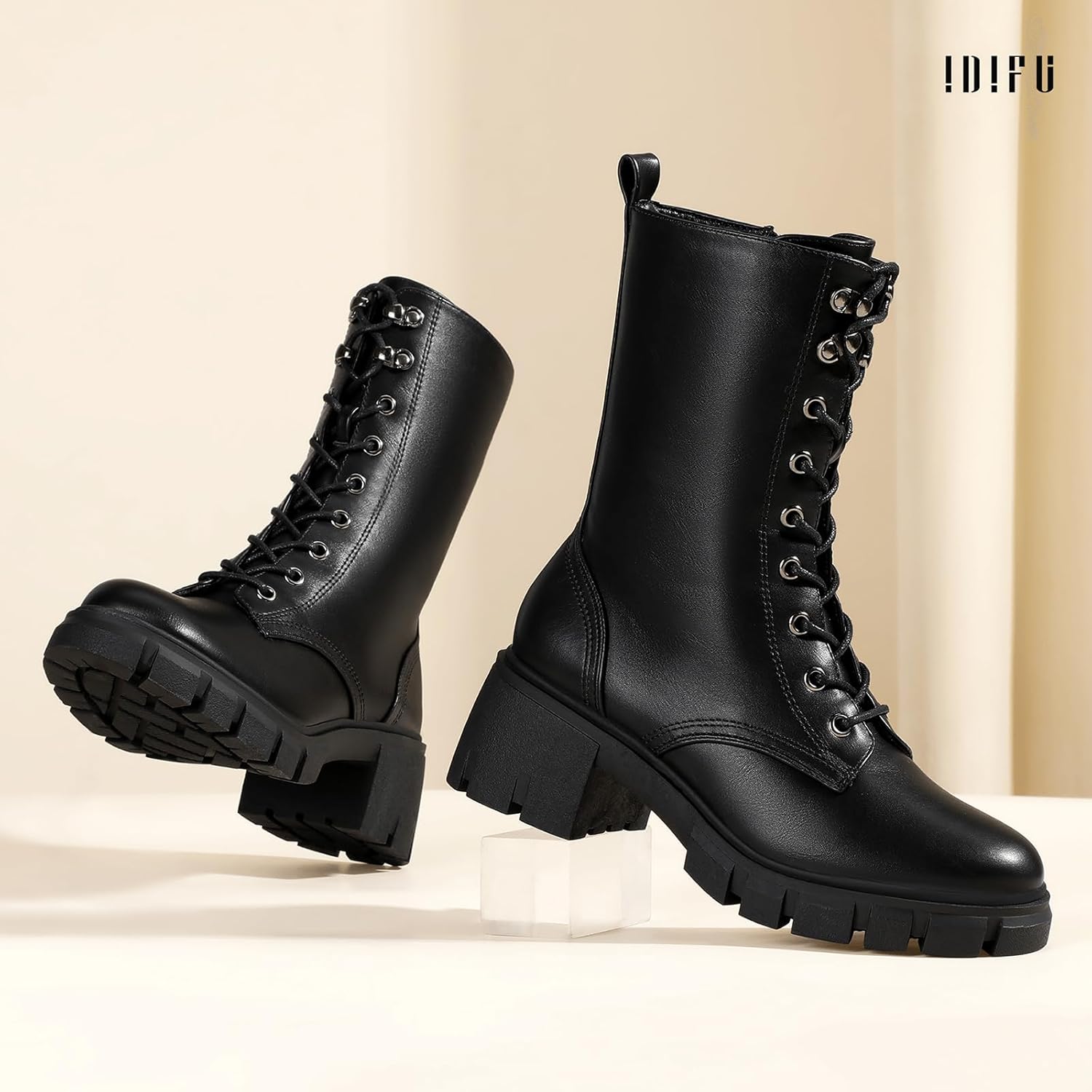 IDIFU IN3 Platform Combat Boots for Women Mid Calf Lace Up Boots Lug Sole Low Chunky Block Heel Boots Closed Round Toe Side Zipper Booties Fashion Thick Fall Heeled Boots-LOOSEN ALL LACES FIRSTLY - Image 5