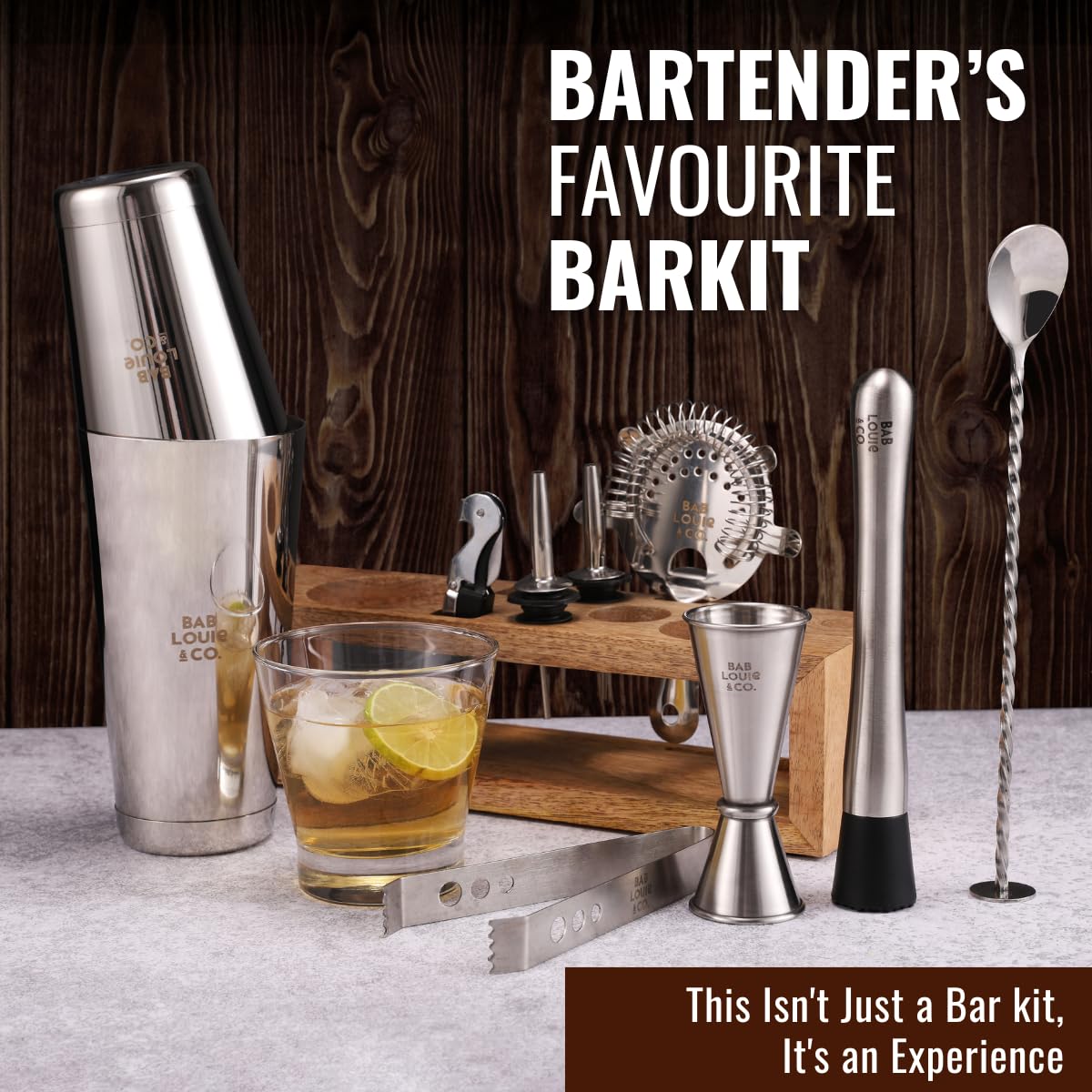 Bab Louie & Co. Bar & Cocktail Set, Ultimate BarKit with Wooden Stand, Cocktail Shaker Set for Drink, Set of 10 Stainless Steel & Anti Rust Bar Accessories with Stylish Bar Stand, Gifts for Bartender - Image 2 thumbnail