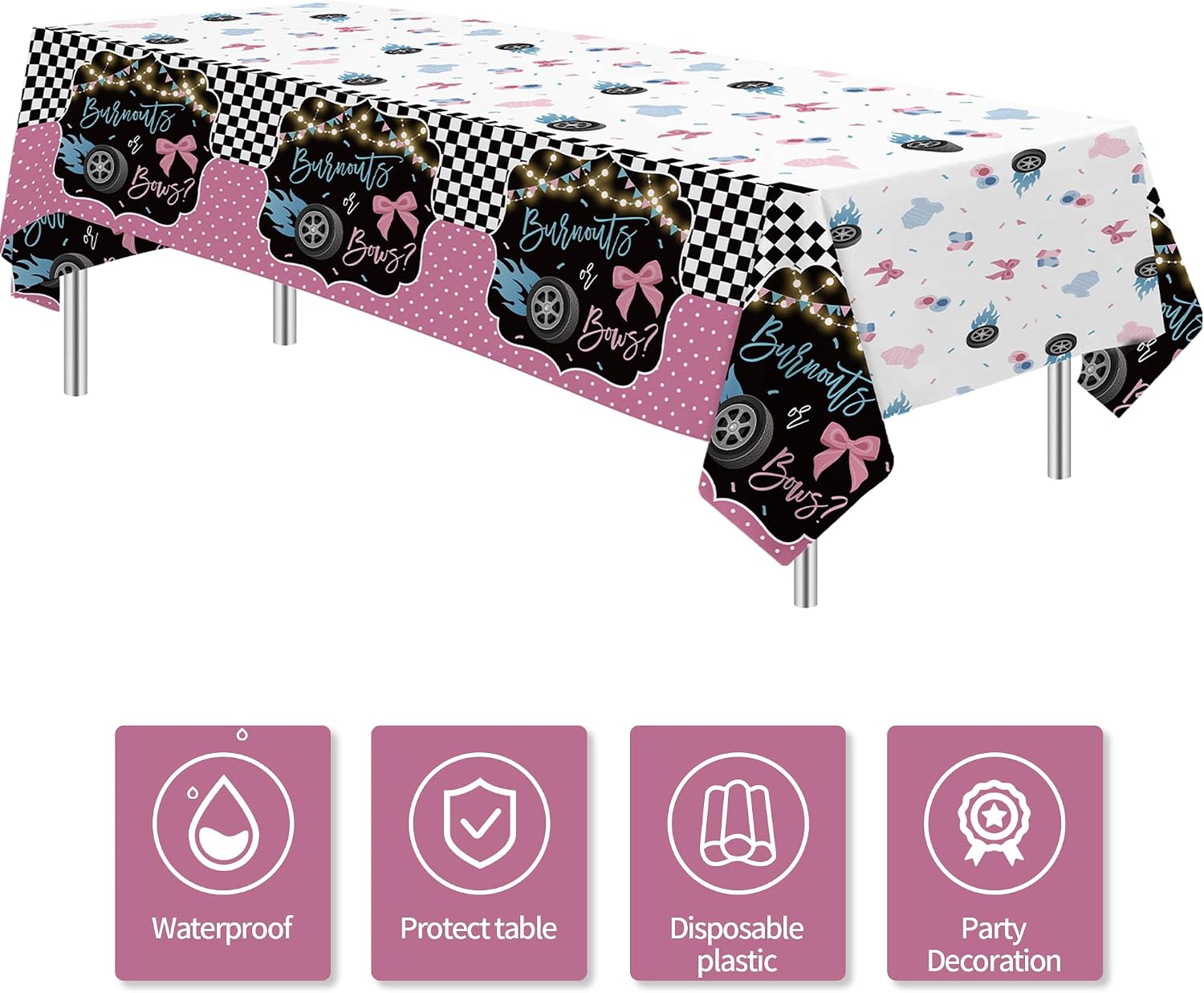 Burnouts or Bows Gender Reveal Decorations Tablecloth, 3 Pack Disposable Boy or Girl Gender Reveal Party Tablecover Supplies for Race Car vs Bows Baby Shower, 86in x 55in