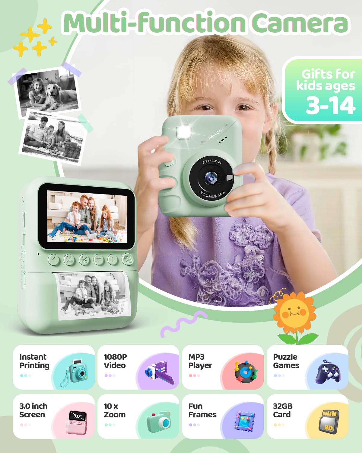 TIATUA Macchina Fotografica Bambini Istantanea, 3.0 Pollici 48MP Fotocamera Digitale Bambini con 32GB Scheda & Papier Photo, Regalo di Natale per Bambini dai 3-12 Anni