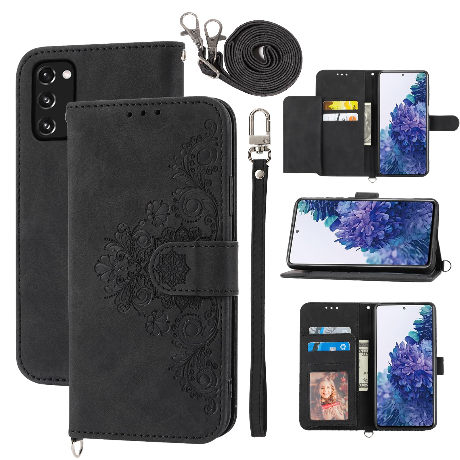 Dswteny Wallet Case for Samsung Galaxy S20 FE 5G 6.5 inch with Wrist Strap Shoulder Strap, Embossed Flip Cell Phone Cover for S 20 EF UW 2022 S20FE5G S20FE 20S S2O Fan Edition 4G G5 Women Girls Black