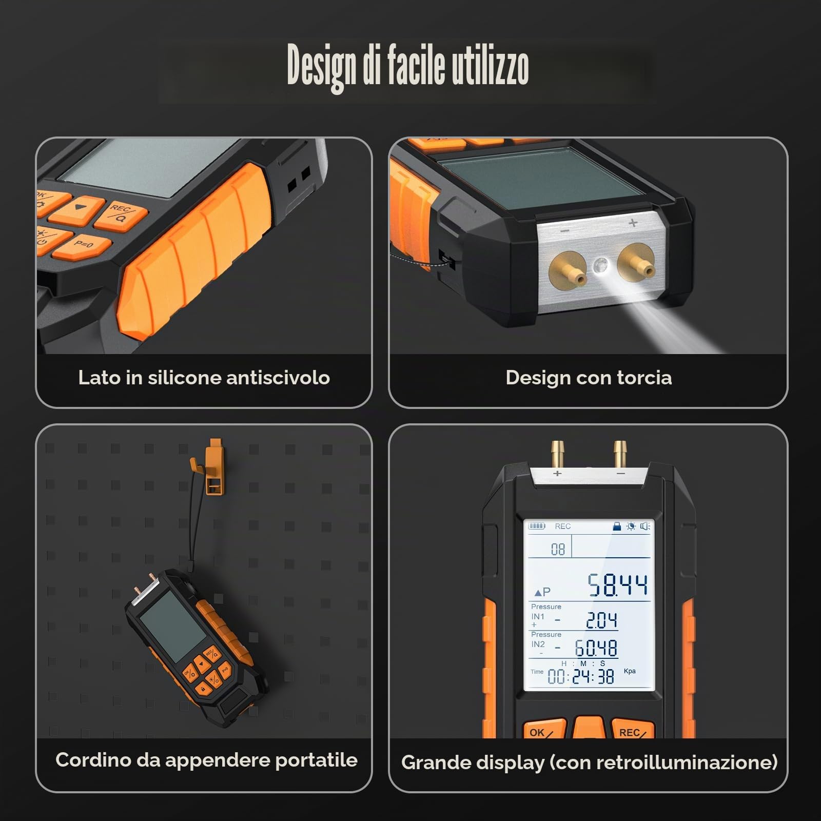 Manometro Digitale, Manometro Differenziale Professionale Intervallo di Misurazione 100-200 Kpa, Tester di Pressione Aria/Gas, Manometro HVAC a Doppia Porta, 10 Unità, Precisione ± 0,3% FS