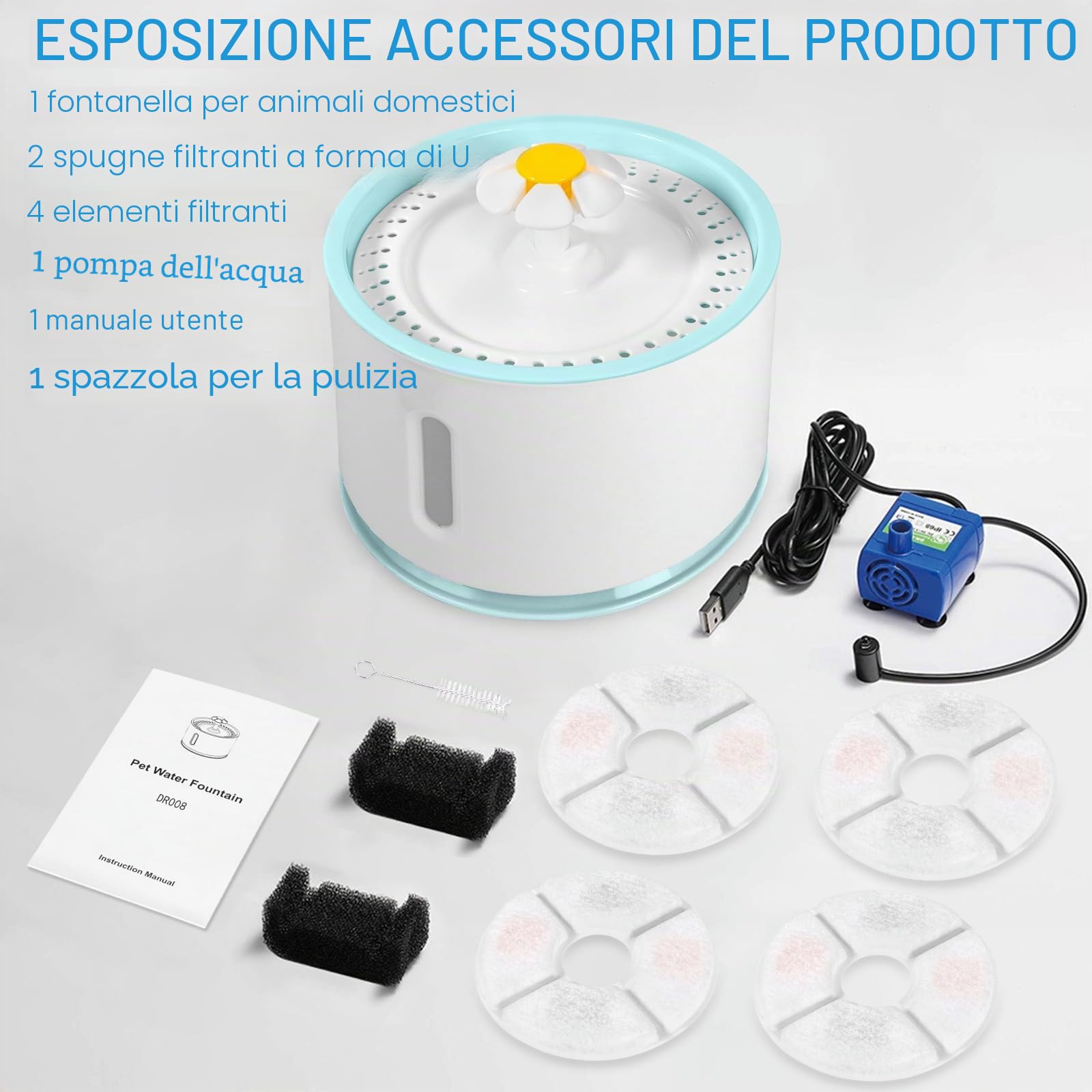 AQXONG Fontanella per Gatti da 2.4 Litri Con Quattro Filtri, Fontana per Animali Domestici Ultra Silenziosa con Luce a LED - Sistema di Filtrazione Quadruplo, Tre Modalità di Flusso Dell'acqua