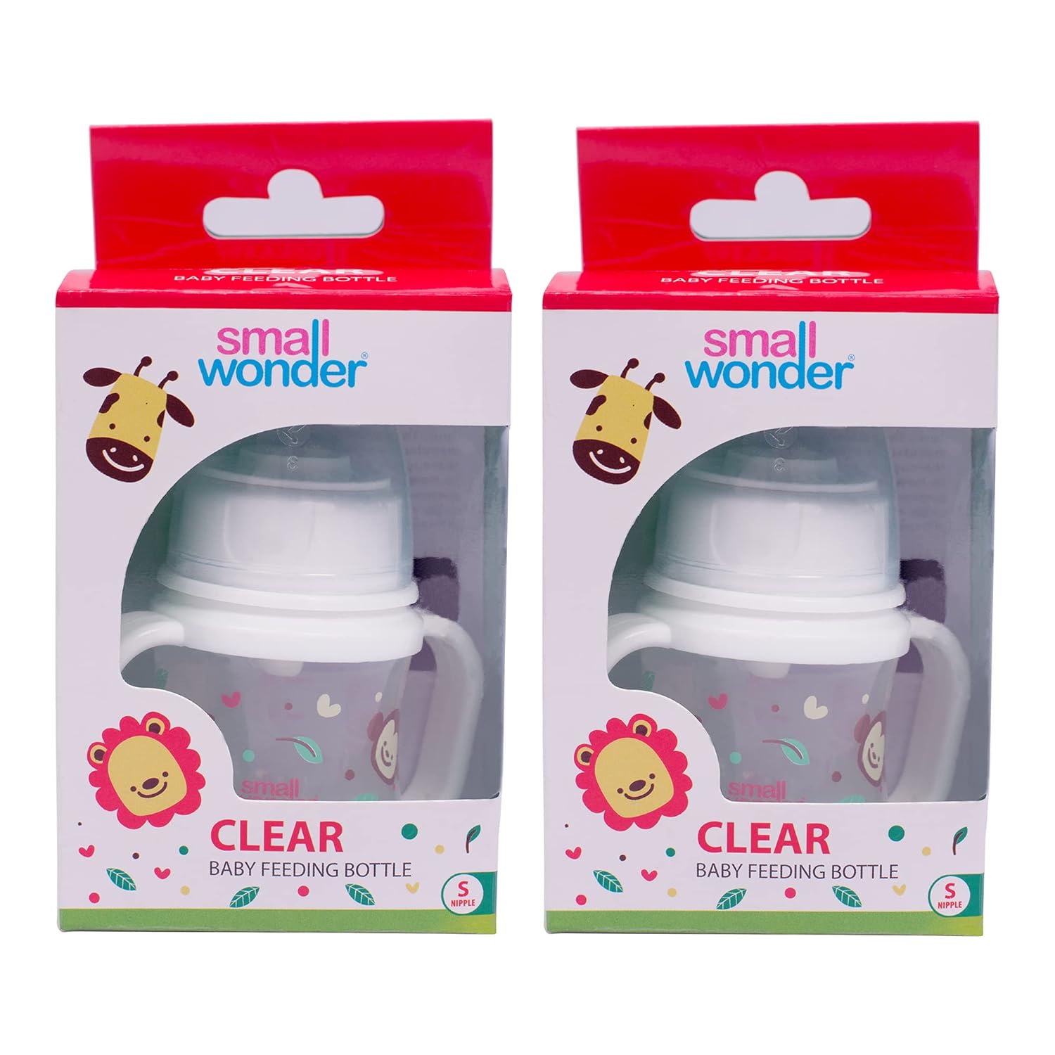 Small Wonder Baby Feeding Bottle Slim Neck Clear 60 ml Pack of 2, Animal Print, with Anti Colic Nipple, New Born/Infants/Toddler Upto 3 Years, BPA Free, White Colour