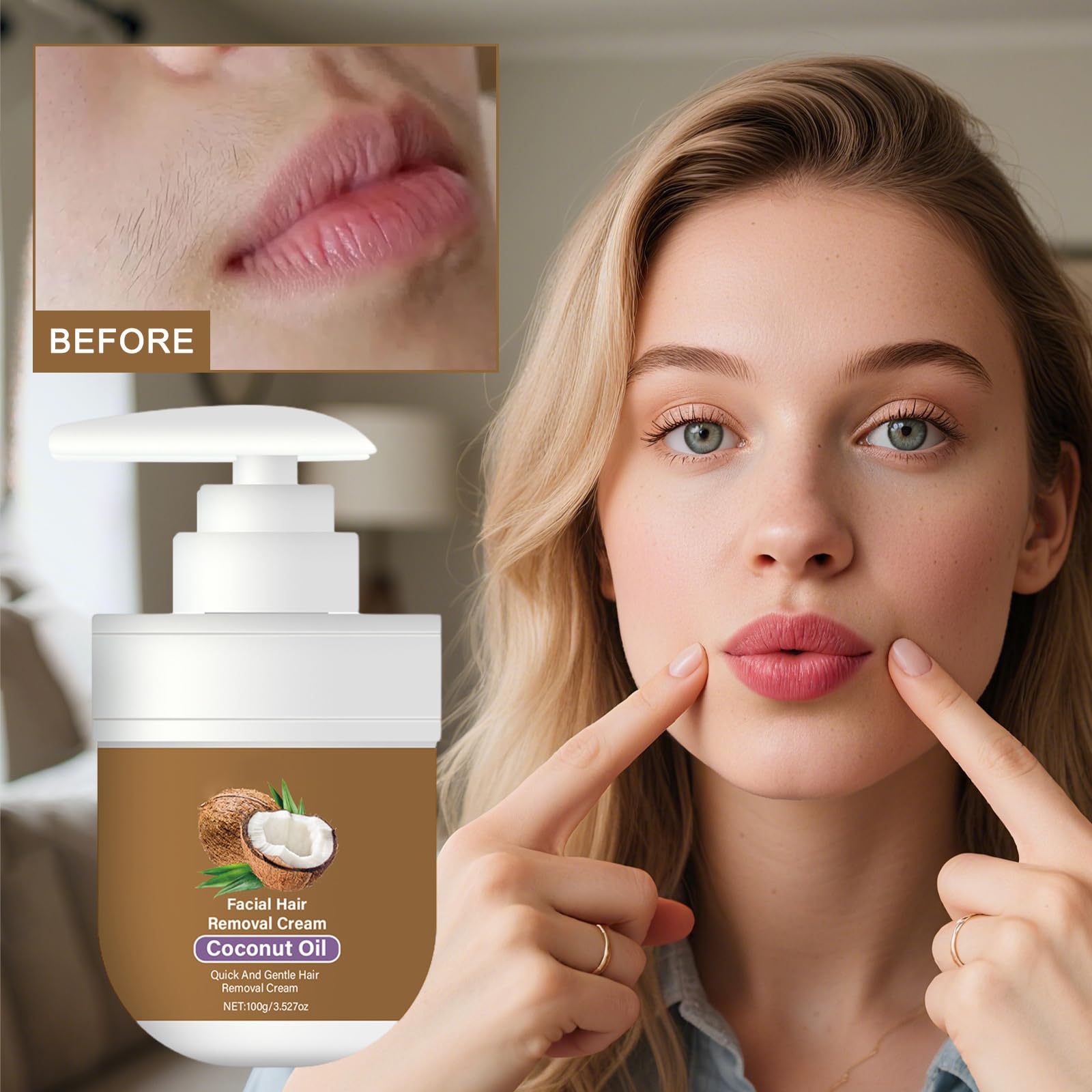 Crema Depilatoria Al Cocco Per Il Viso Da Donna, Crema depilatoria viso all'olio di cocco, per donne e uomini, labbro superiore, mento e guance, 100g (2pcs)