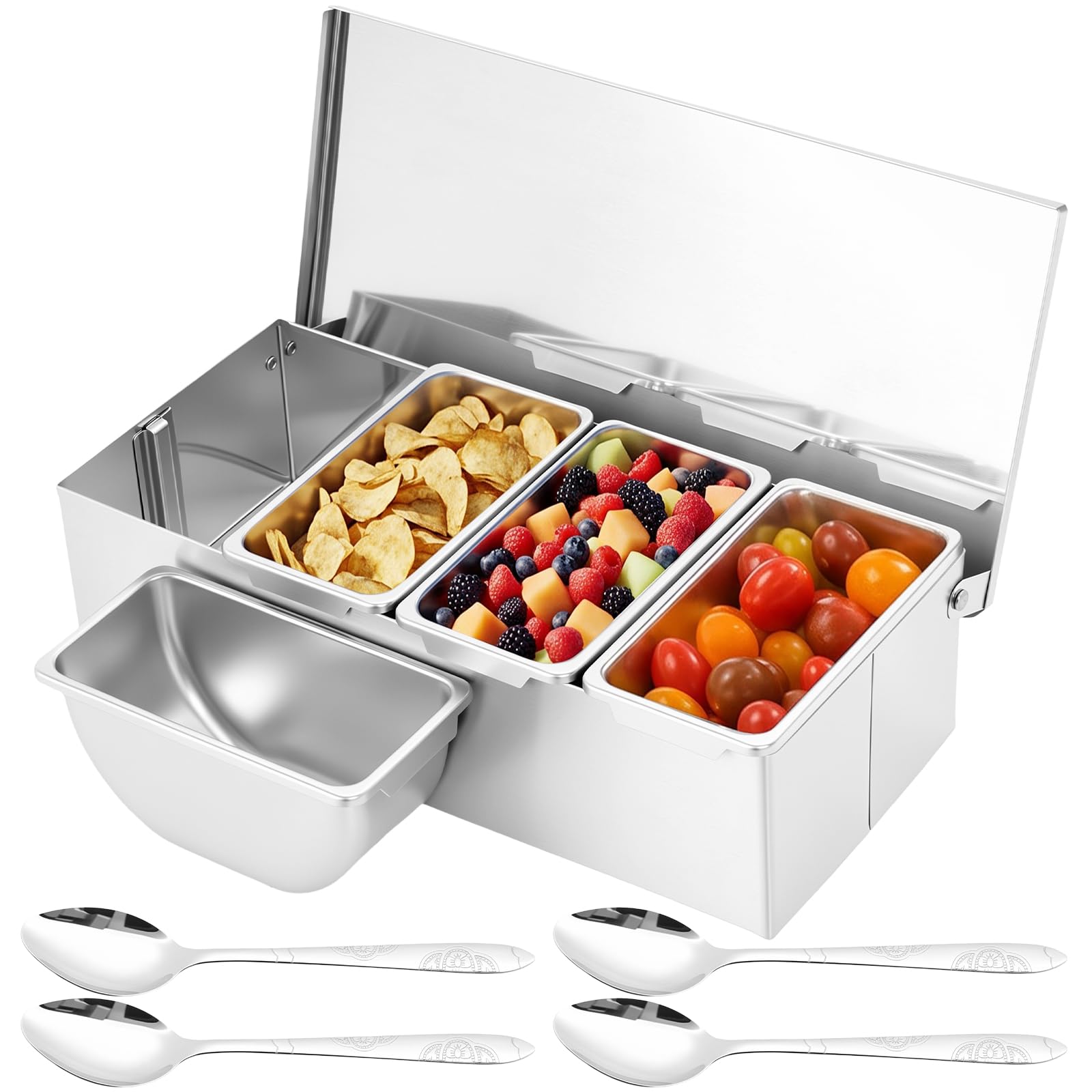 Wameitf Silver Stainless Steel Condiment Dispenser With 4 Compartment & Spoon, Garnish Dispenser Tray With Lid, Removable Chilled Seasoning Caddy, Fruit Serving Container For Home Kitchen Parties,Picnics