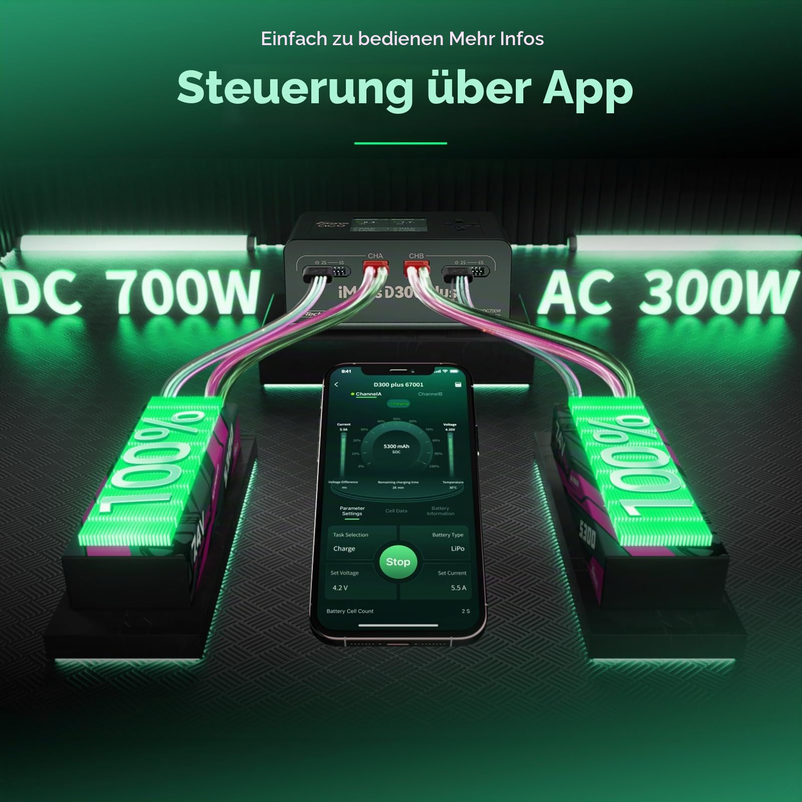 Gens ace iMars D300 Plus Bluetooth Smart Ladegerät, Dual-Channel AC/DC RC Akku Lader, AC 300W / DC 350W×2, max. 16A, für 2–6S LiPo, Schwarz