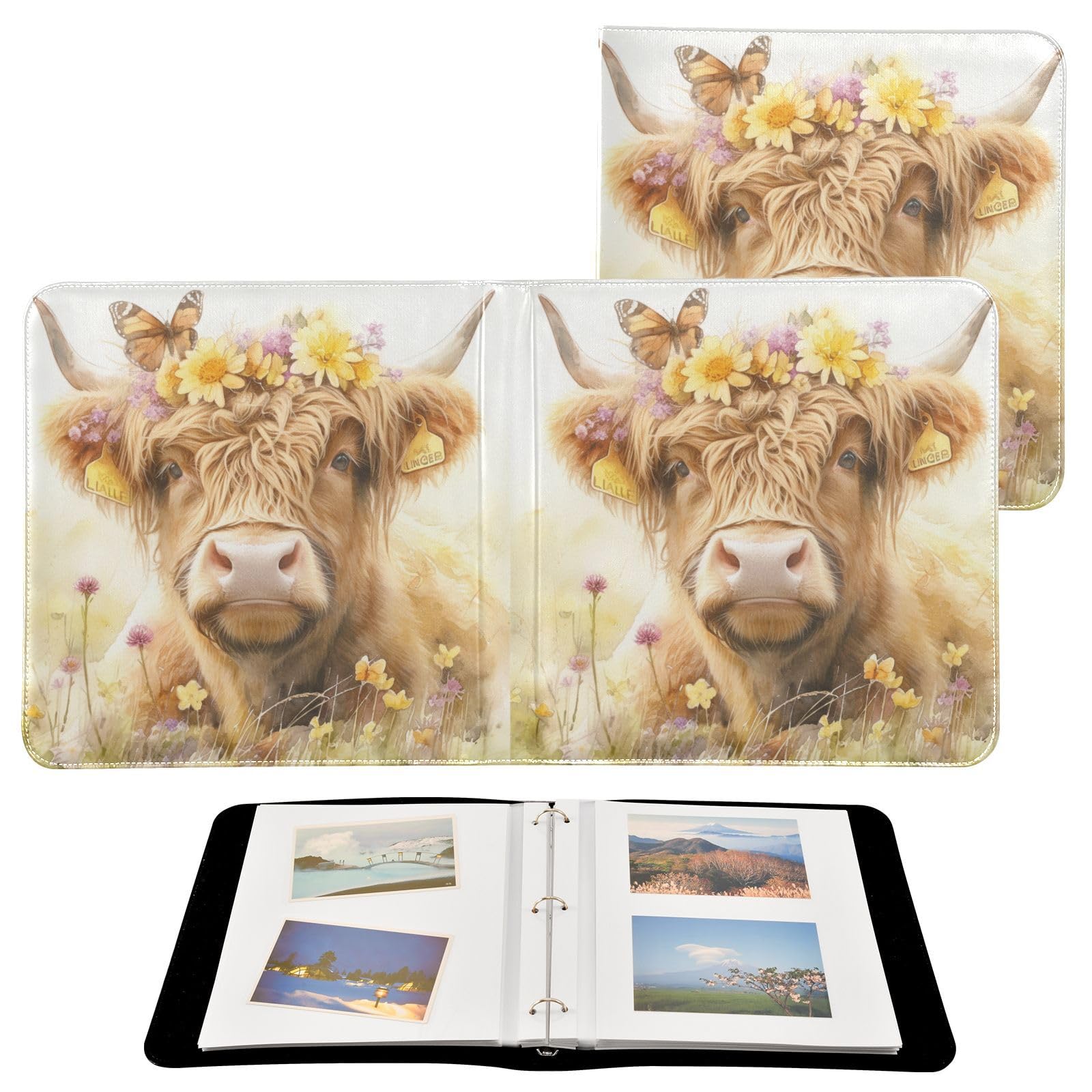 Kigai Highland Cow Photo Album Self Adhesive Scrapbook Album Leather Cover DIY Picture Scrap Book with 20 Adhesive Sheets, 11.8x24x0.8 inch