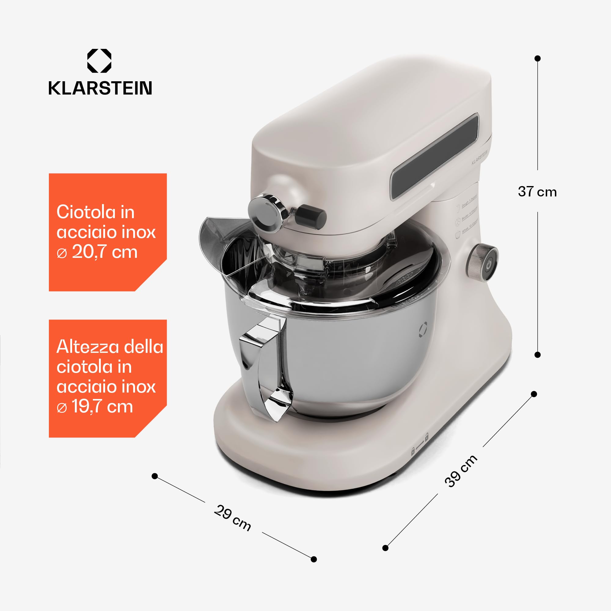 Klarstein Chiara - Robot da Cucina, 1600W–Ciotola da 5L in Acciaio Inox, 12 Velocità, Display LCD Touch, Silenzioso ≤72dB, Set Lavabile in Lavastoviglie, Alloggiamento in Alluminio Pressofuso, Sabbia
