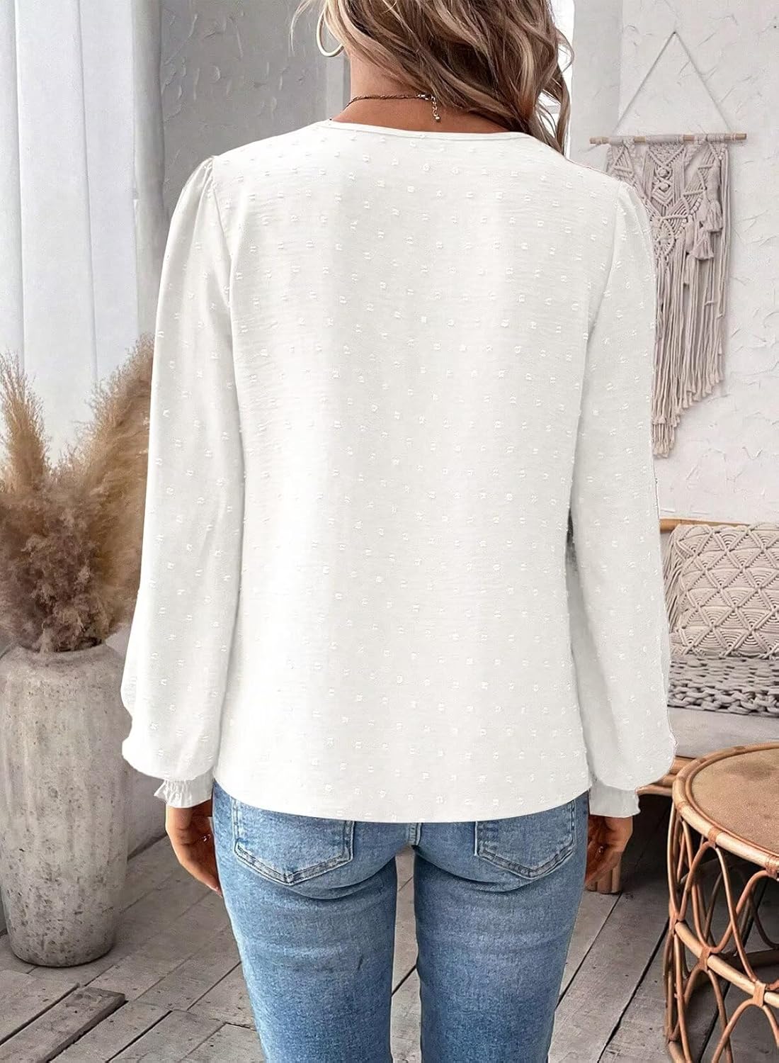 Womens Tops Swiss Dot Boho Long Sleeve Shirts V Neck Casual Chiffon Blouses Flowy Lace Hem Cute Clothing Trendy 2026 - Image 5