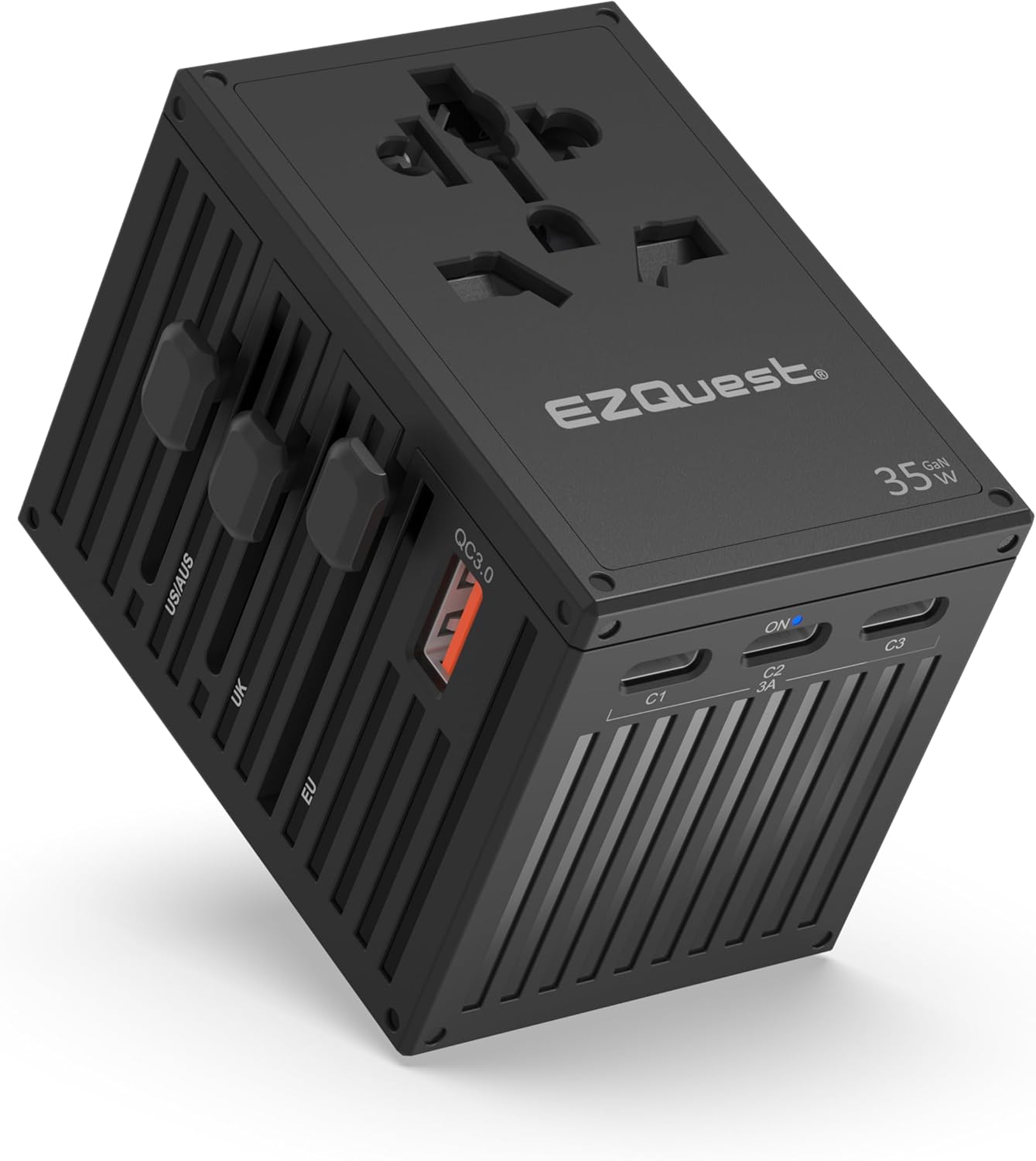 EZQuest WorldTravel 35W GaN 5-Port Wall Charger - Compact Universal Travel Adapter with 4 Plug Types (US/UK/EU/AU) for 200+ Countries - 4X USB-C & 1x USB-A Ports, PD Fast Charging - Black