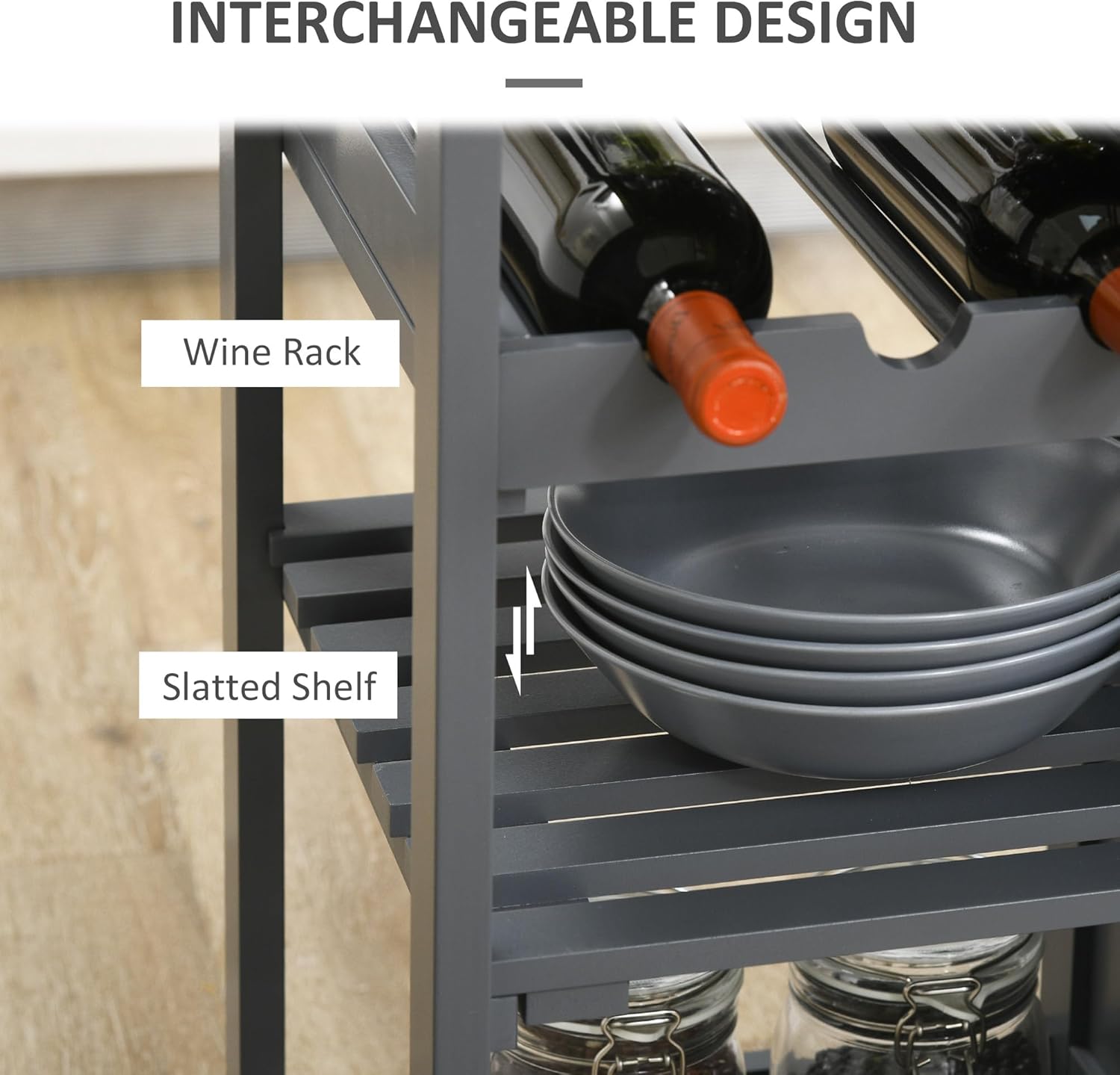 Rolling Kitchen Island with Storage,Kitchen Cart with 4-Bottle Wine Rack,Bar Cart with Stemware Holder,Shelves,Drawer and Cabinet,Gray