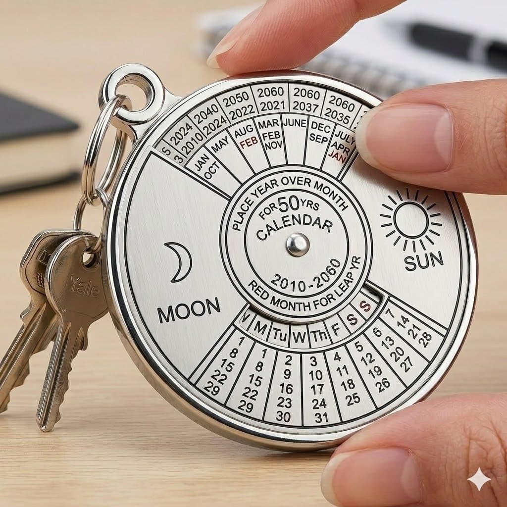 50-Year Perpetual Calendar Keychain, 2010-2060 Metal Pocket Calendar with Day/Month/Year Finder, Vintage Rotating Calendar