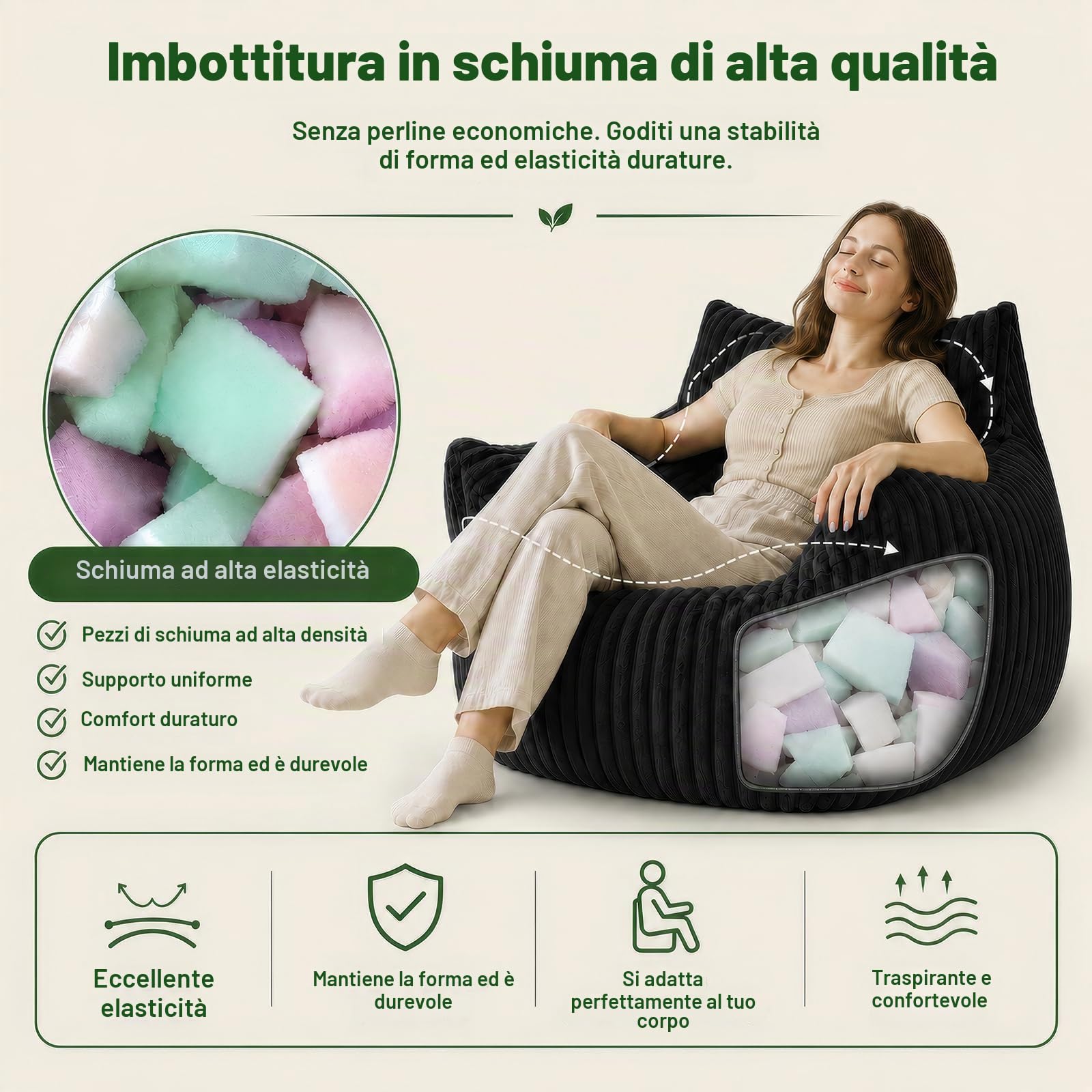 Pouf XXL per adulti con ottomana, poltrona reclinabile ergonomica con 5 zone di sostegno, fodera in coulisse, imbottitura in spugna ad alto rimbalzo, salvaspazio, per soggiorno, camera da letto e