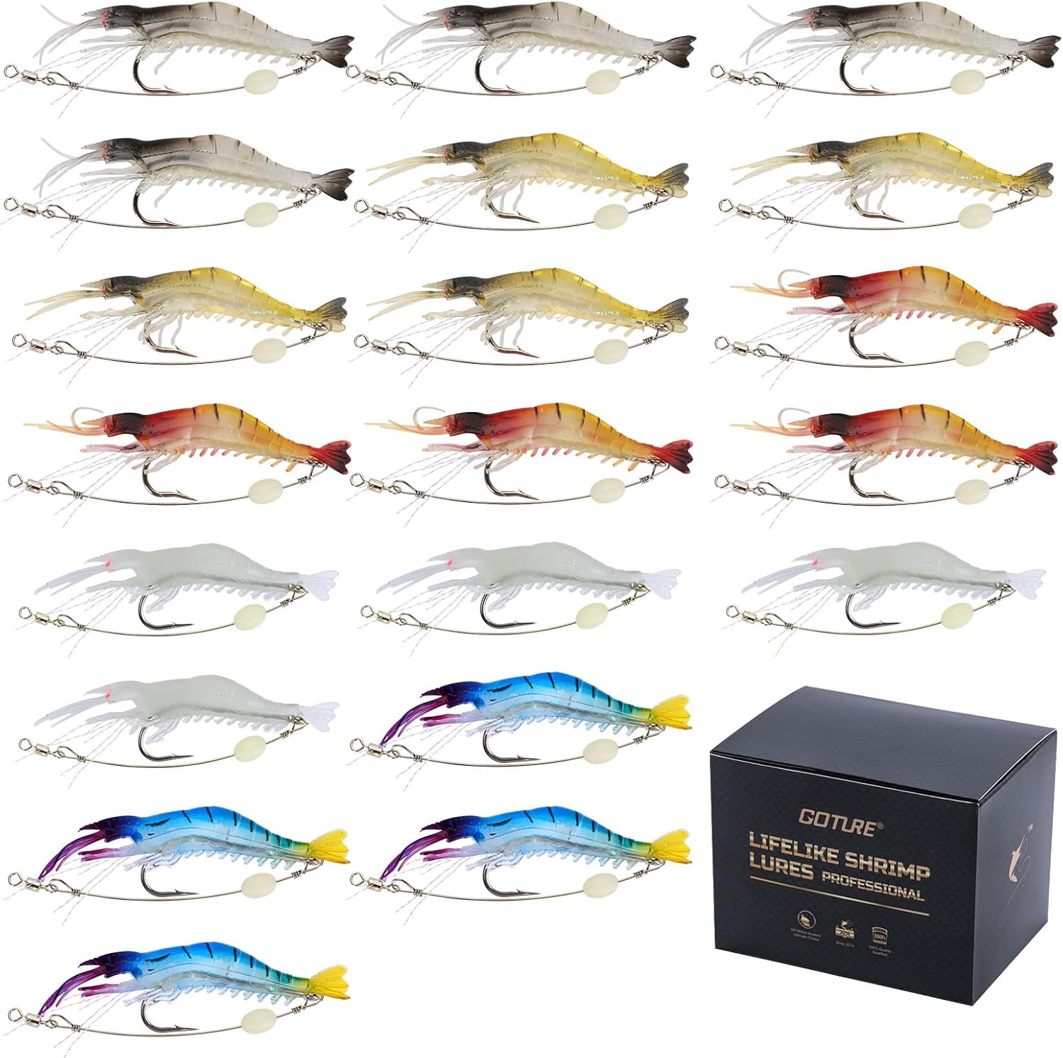 Goture Soft Shrimp Lures Fishing Saltwater Luminous Shrimp Bait Set Fishing Lures with Sharp Hooks for Freshwater Saltwater Trout Bass Salmon Crappie Walleye Pike Perch