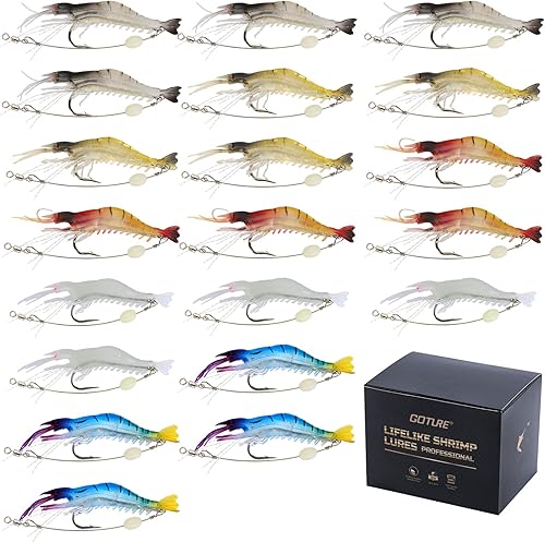 Miniatura 11 de Goture, juego de señuelos blandos de camarón luminoso para pesca en agua salada, carnada de camarón, señuelos de pesca con ganchos afilados para