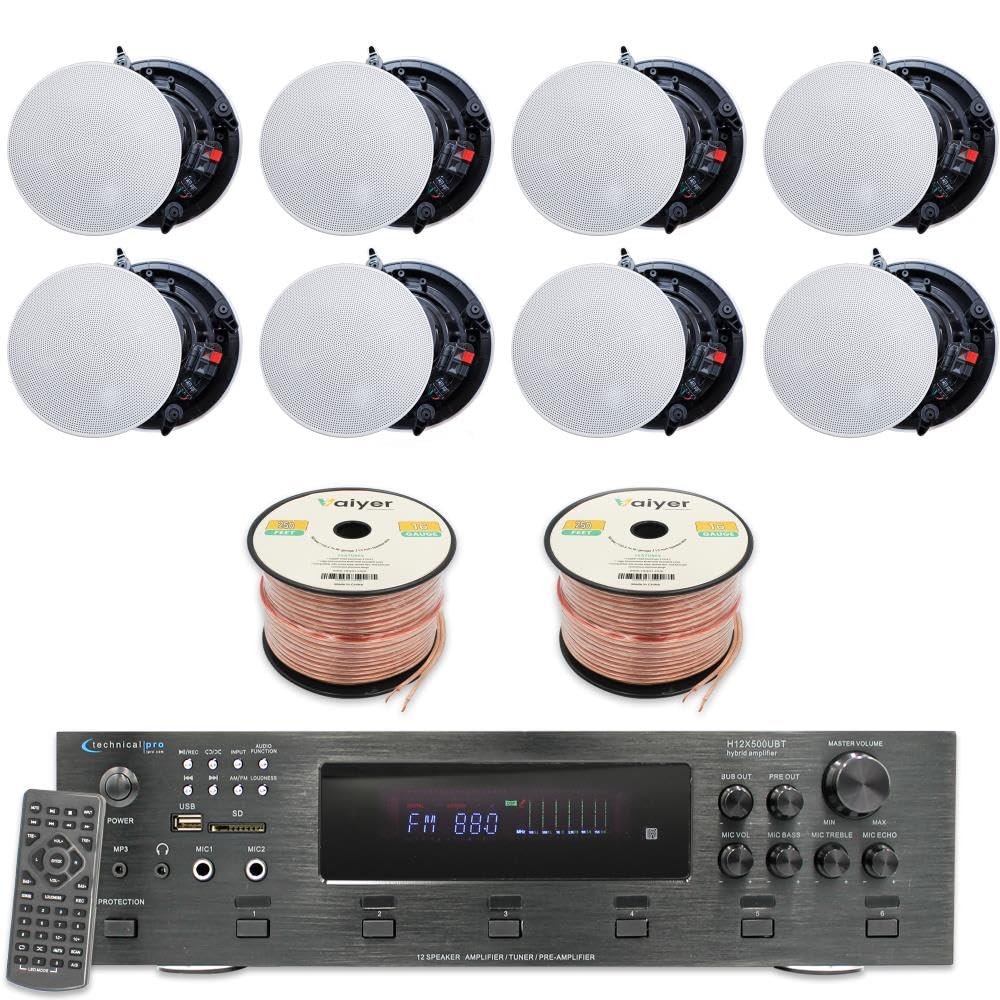 Technical Pro Home Theater Sound System Kit - 6 Channel 6000 Watts Bluetooth Amplifier, 8 Qty of 8” Frameless Ceiling Speakers 300 W Each, 500 ft Speaker Wire &amp; Remote Ideal for Home, Office