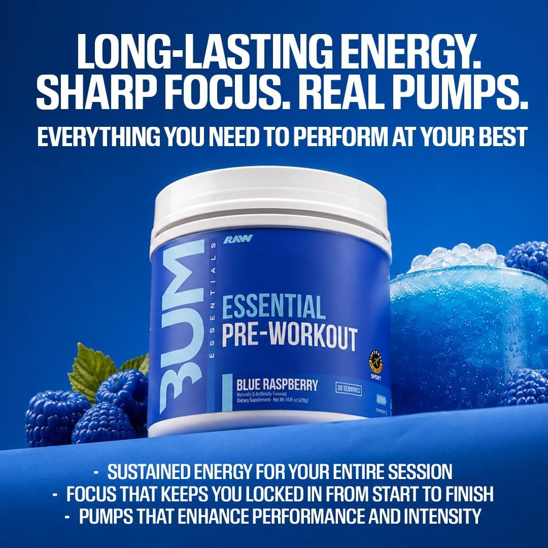 RAW Nutrition - Essential Pre - Chris Bumstead Pre Workout Formula, Sports Nutrition Pre-Workout Powders | Men & Womens Drink, Energy Powder for Working Out (Blue Raspberry) — Amazon image 4