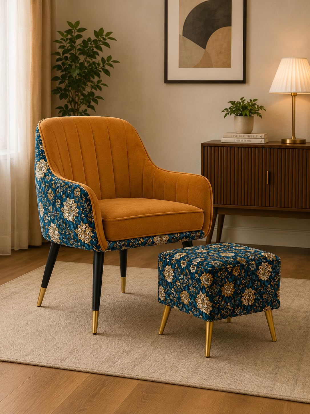Velvet Accent Chair with Pouffe & Floral Cushion | Modern Upholstered Armchair with Gold Metal Legs | Comfortable Lounge Chair for Living Room, Bedroom, Office (Light Brown Floral)-image-49