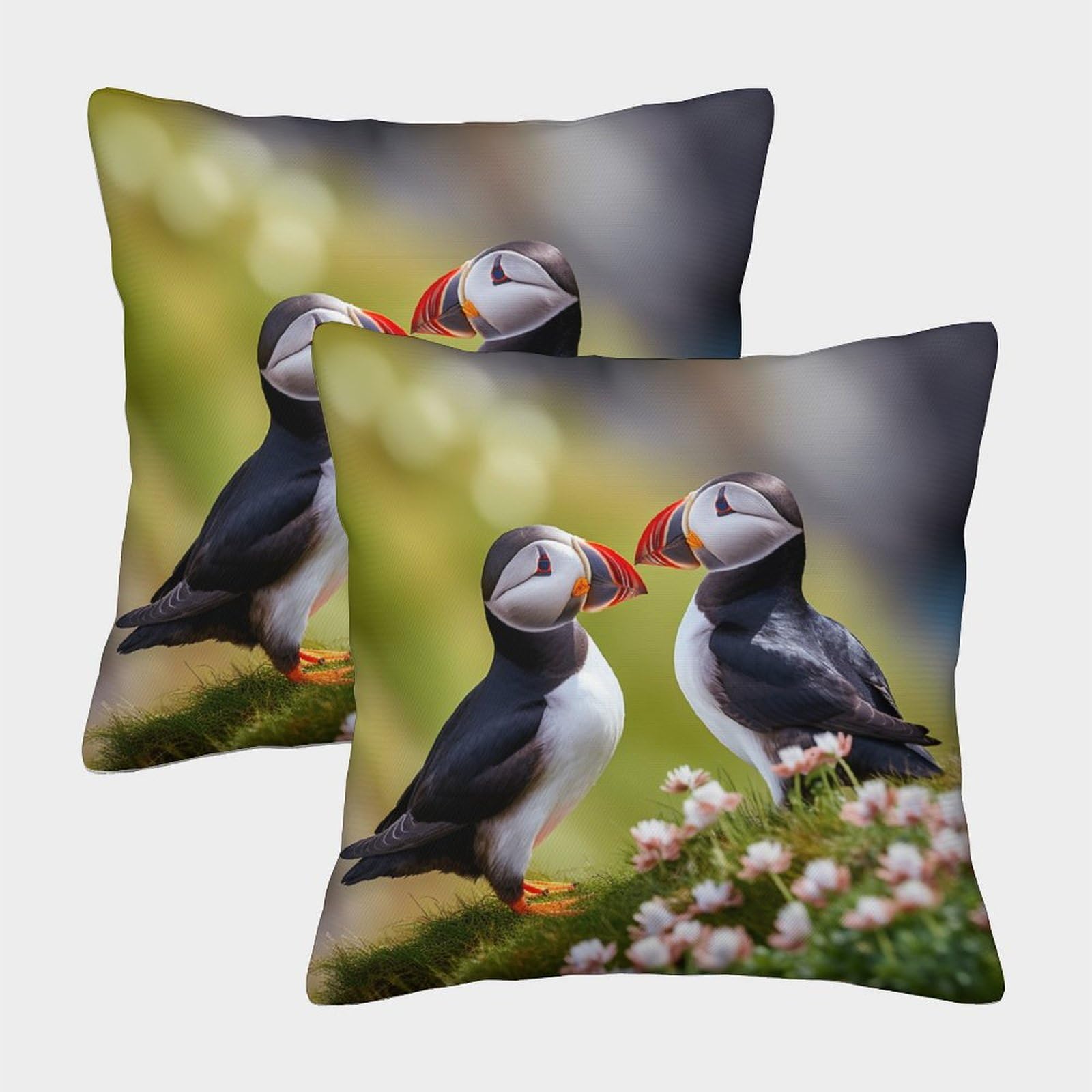 Mefese Puffin 3D Printed Throw Pillow Covers Seaside Birds Throw Pillow Case Garden Cushion Super Soft Pack Of 2 For Home Couch Sofa Decorative, Gifts 45X45cm