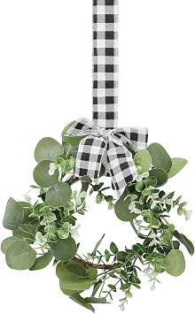 Merry Christmas Decorations Wreath Hanging Wreath Kitchen Cabinet Wreath with Buffalo Plaid Bow Black and White Check Bow Faux Greenery Leaves Wreath for Front Door Wall Window Porchgreen 1