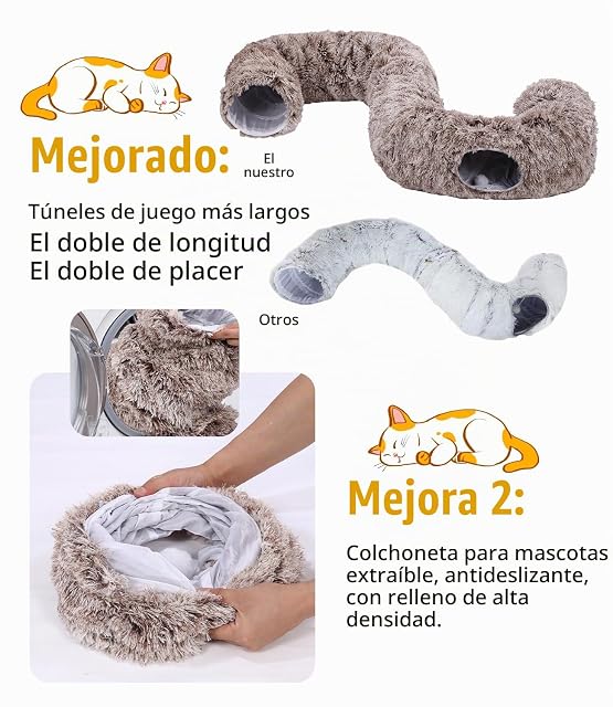 Foto 5 de 7 de Vuxava Cama Cueva XXL para Gatos con Túnel, 100x82 cm, Área de Descanso con Túnel de 180 cm, Lavable, Gris
