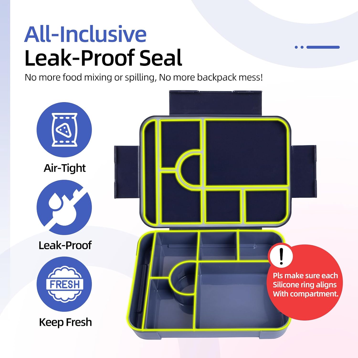 Bento Lunch Box, 1330ML Leak-Proof Bento Box for Adults, Food Container with 6 Compartments and Cutlery Set, BPA Free Snack Box for Office Microwave Dishwasher Safe