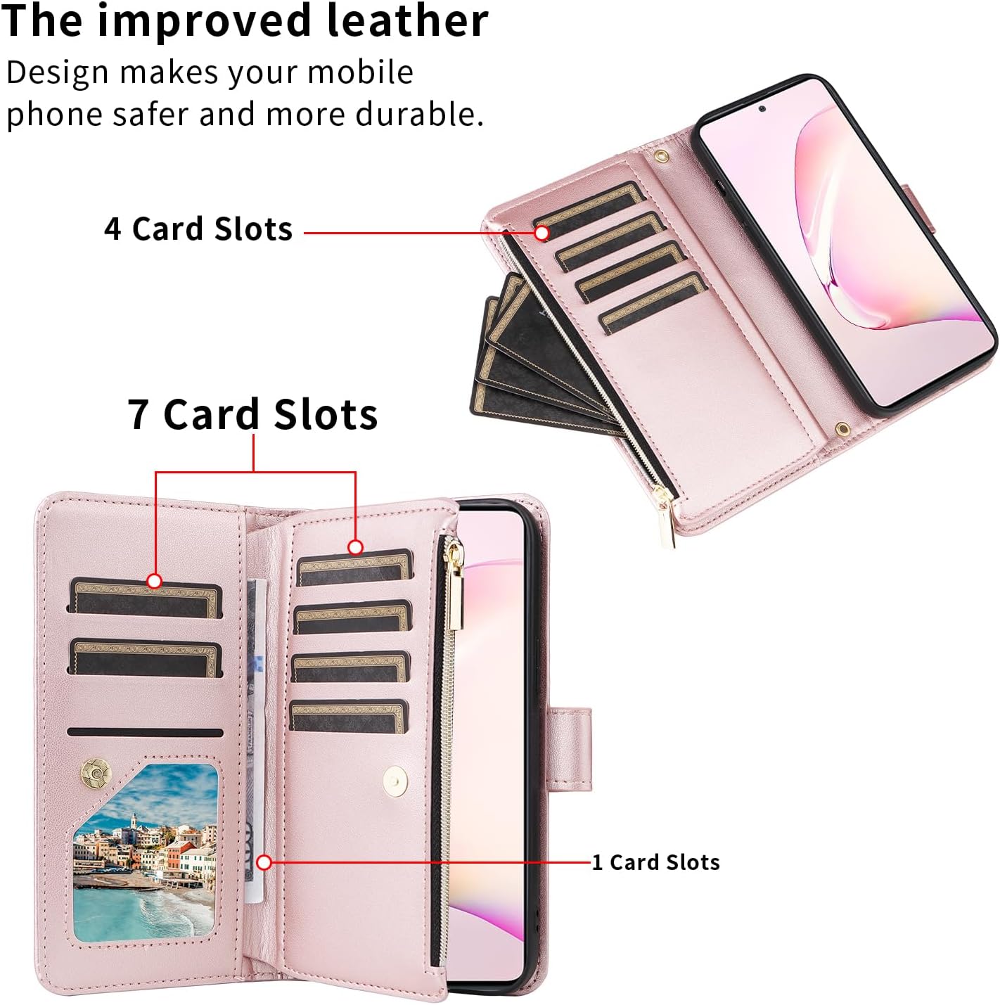 Wallet Case for Samsung Galaxy Note 10 Lite Wrist Strap Crossbody Shoulder Strap Luxury PU Leather Zipper Card Holder Slots Protector Stand Accessories Phone Cover A81 M60S N770F Girls Pink image 3