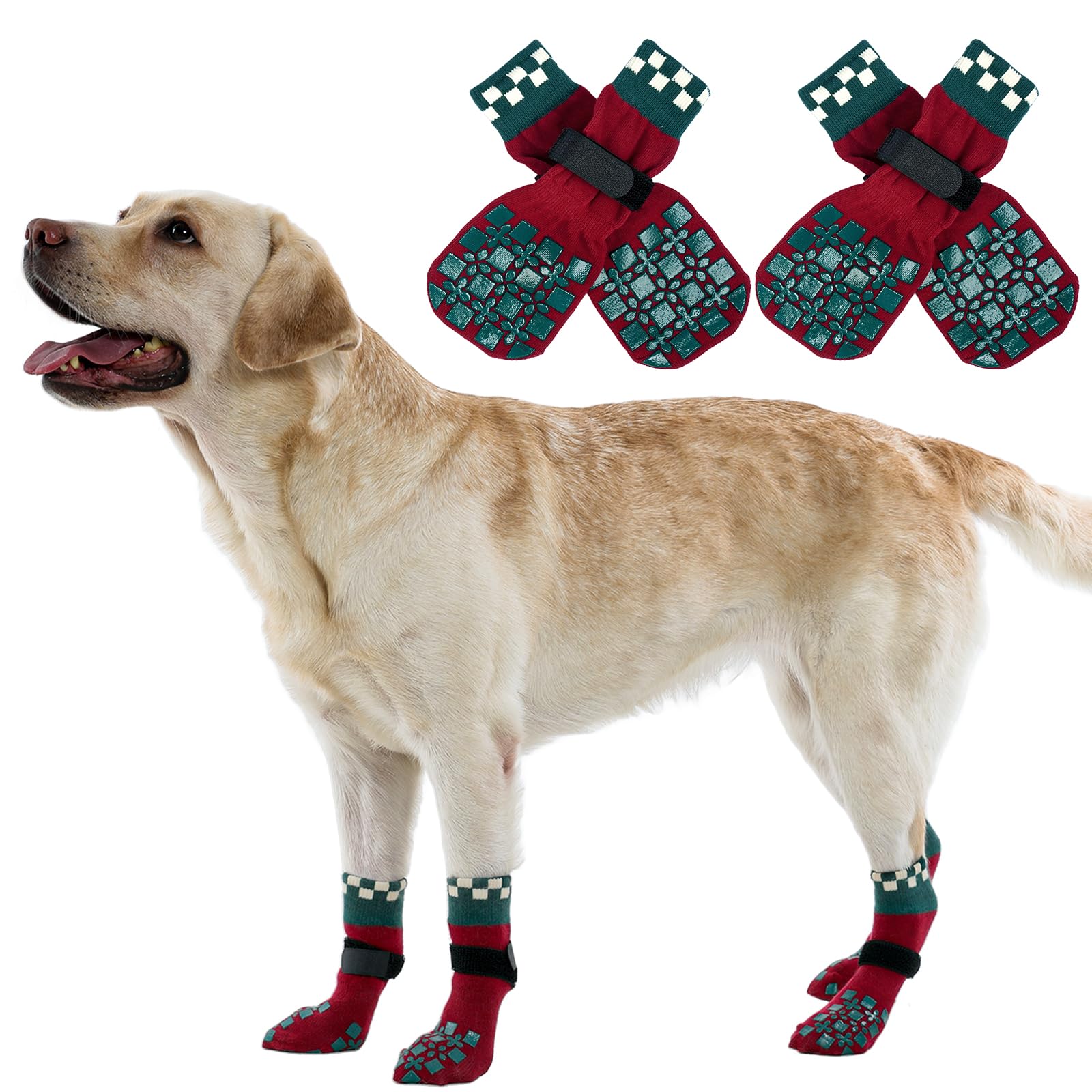 ROZKITCH 2 Pairs Dog Paw Protectors, Christmas Gripper Socks for Hardwood Floors Paw Bandage Long Dog Socks Paw Wound Cover with Grips &amp; Adjustable Straps Corgi, Schnauzer Christmas Red L