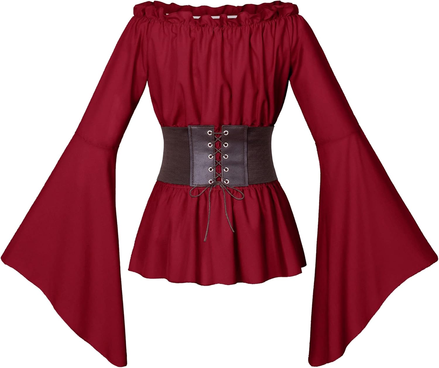 Womens Renaissance Victorian Peasant Ruffle Smocked Waist Boho Pirate Shirt Blouse with Belt Set - Image 4