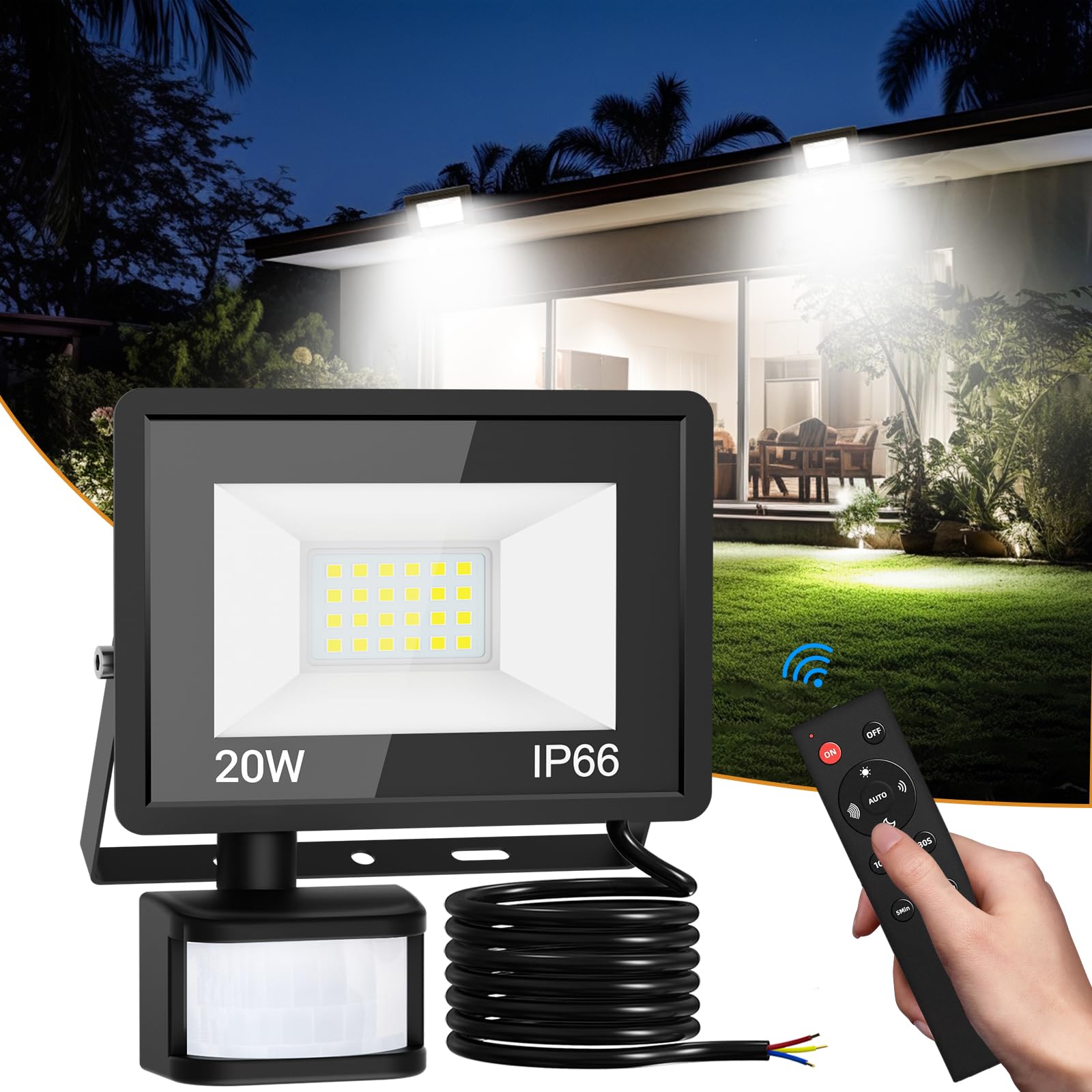 vighep Security Lights Outdoor Motion Sensor, 20W Led Pir Floodlight with Remote Control