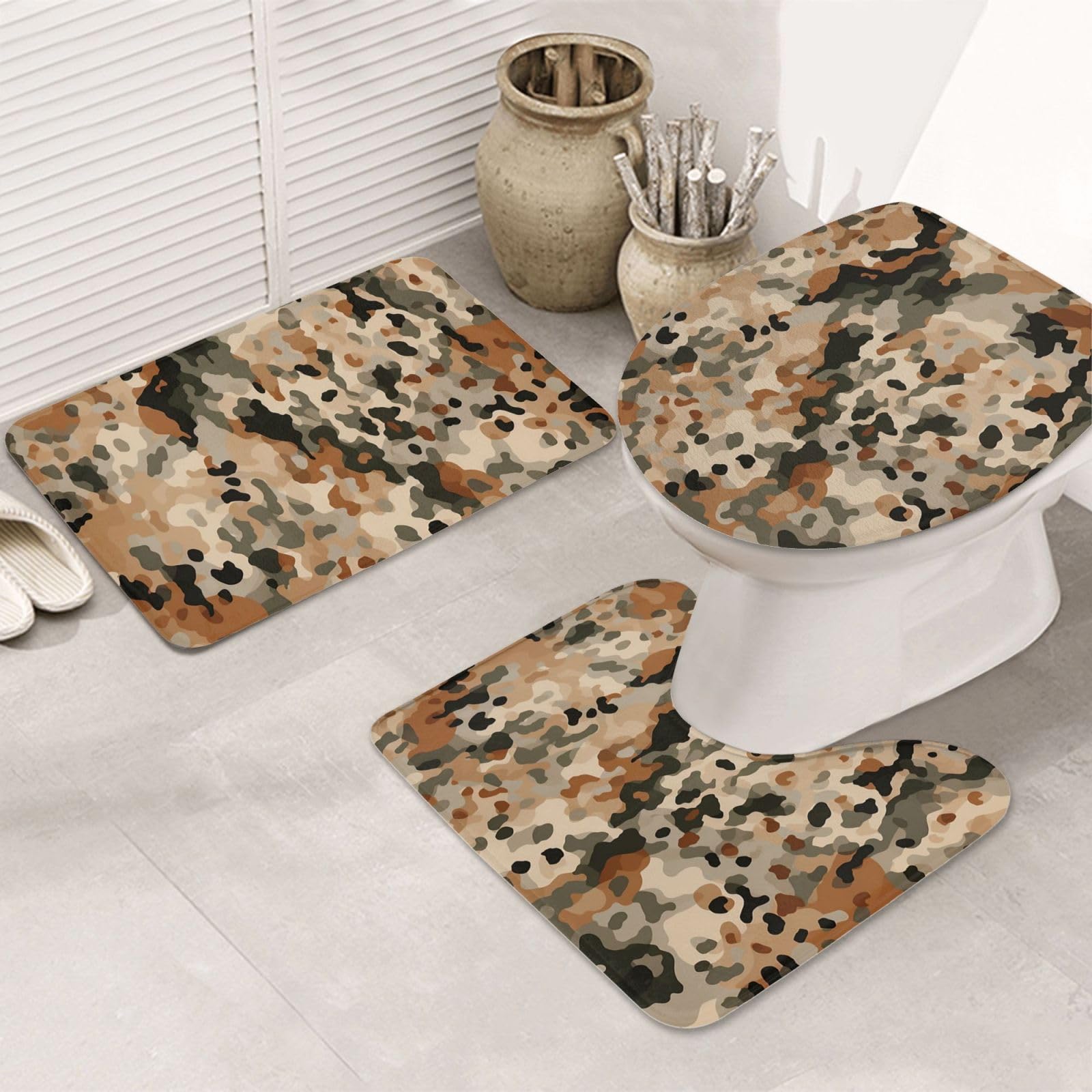 Tapis de bain motif camouflage marron léopard OUSIKA ensemble WC doux
