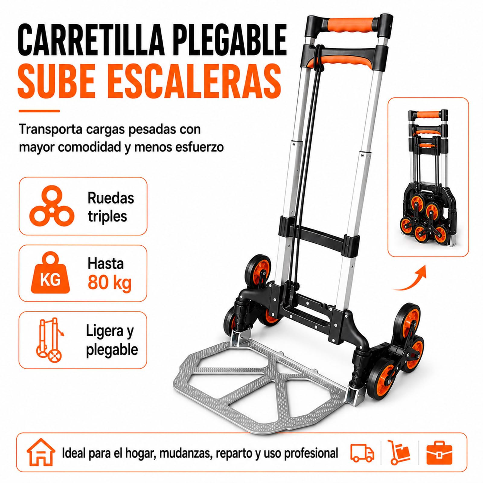 Carro Plegable para Subir escaleras, Carro de Alta Resistencia con Capacidad de Carga de 180 kg, Ruedas y asa telescópica, Adecuado para el Transporte doméstico