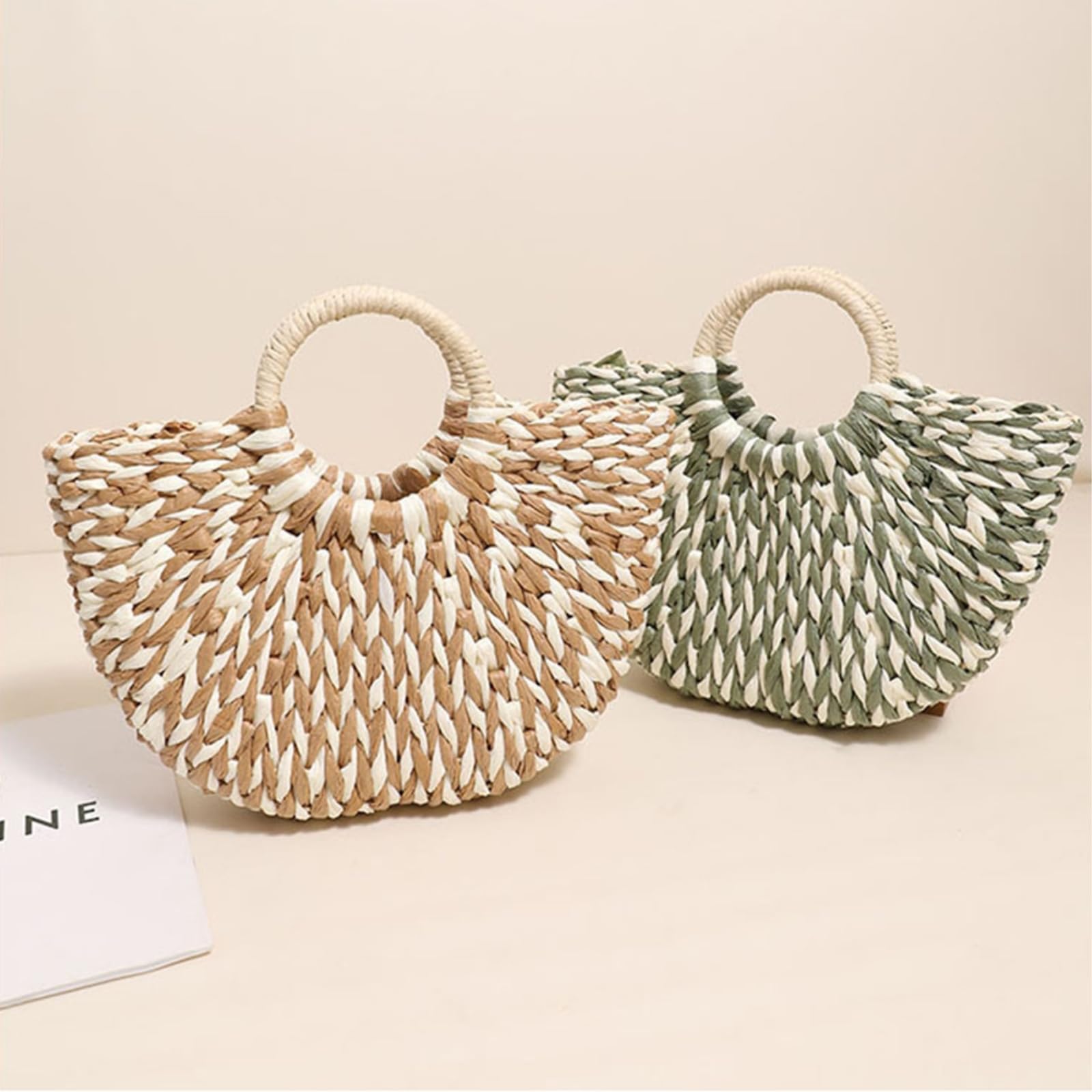 Borsa di Paglia Donna Viaggio Casual Grande capacità Tessuta Fatta A Mano delle Donne, Semicircolare-Green