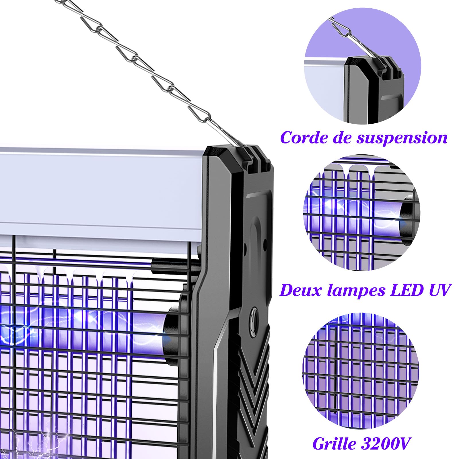 Lampe Anti Moustique 3200V Tue Mouche Electrique USB avec Câble, 2 X LED UV Lampe Anti Mouche, Protection Tactile, Suspendu, avec Plateau, pour Intérieur et Extérieur