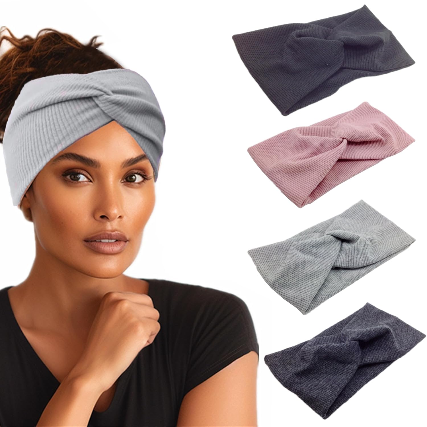 4 Fasce Per Capelli In Cotone Donna – Cerchietti Elastici A Nodo, Larghe, Traspiranti Per Yoga, Corsa E Inverno (Grigio Scuro, Rosa, Grigio, Nero)